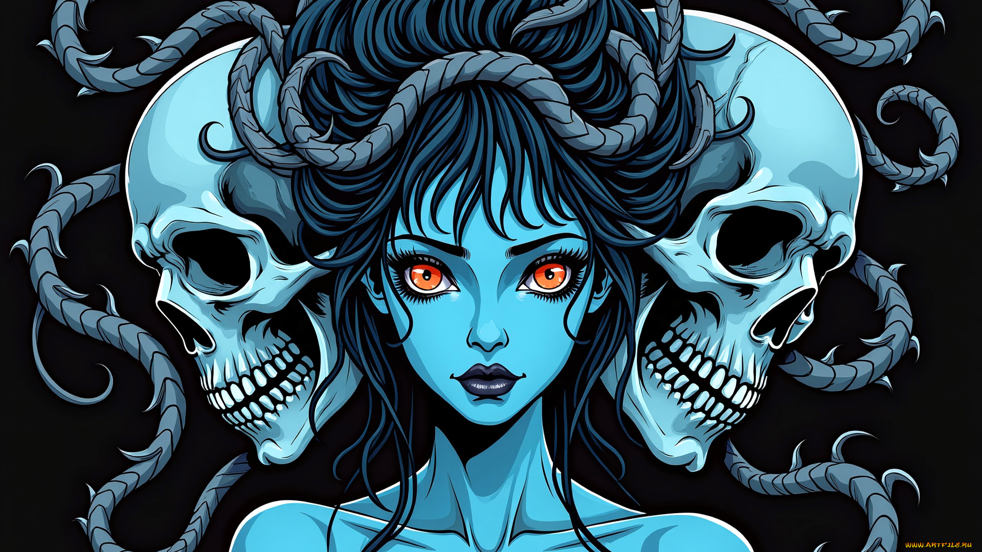 фэнтези, нежить, девушка, лицо, черепа