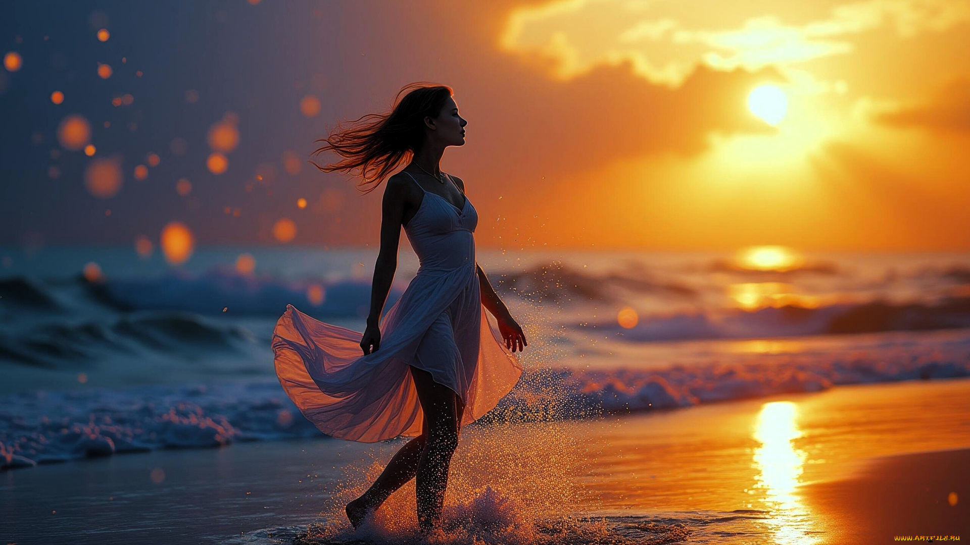 разное, компьютерный, дизайн, девушка, платье, море, закат, брызги