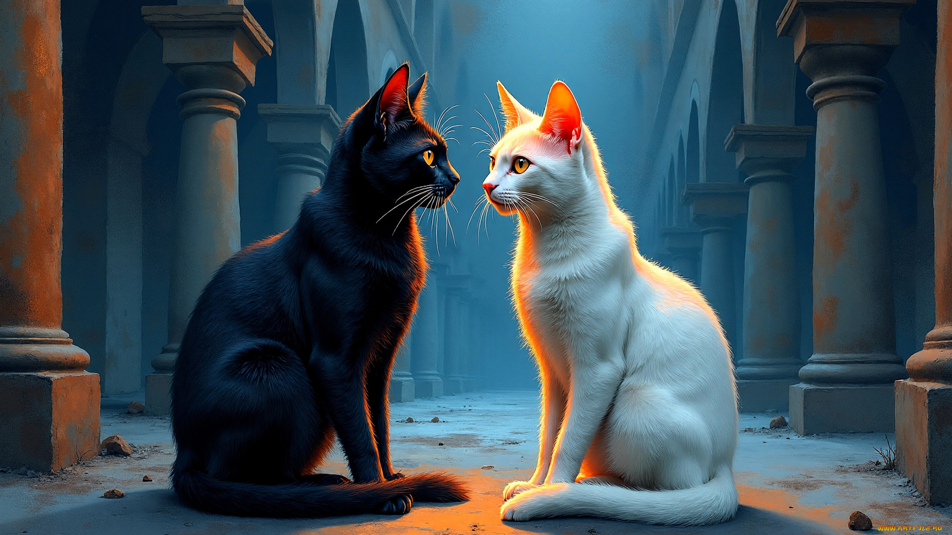 рисованное, животные, , коты, кошки, пара, колонны, храм