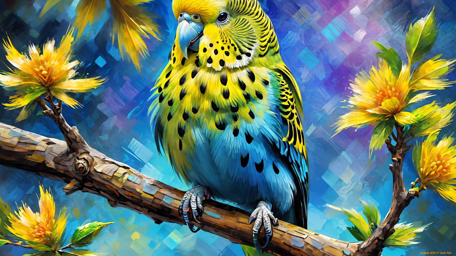 рисованное, животные, , птицы, , попугаи, попугай, волнистый, птица, ветка