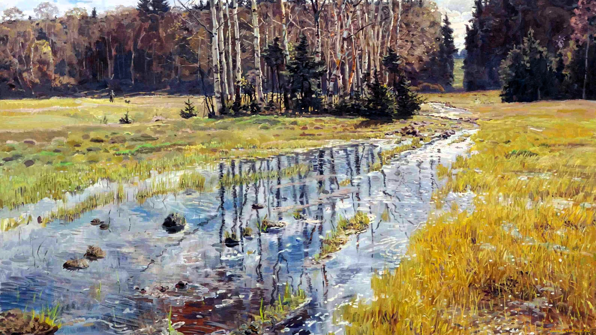 весна, рисованное, павел, рыженко, природа, лес, деревья, ручей, трава