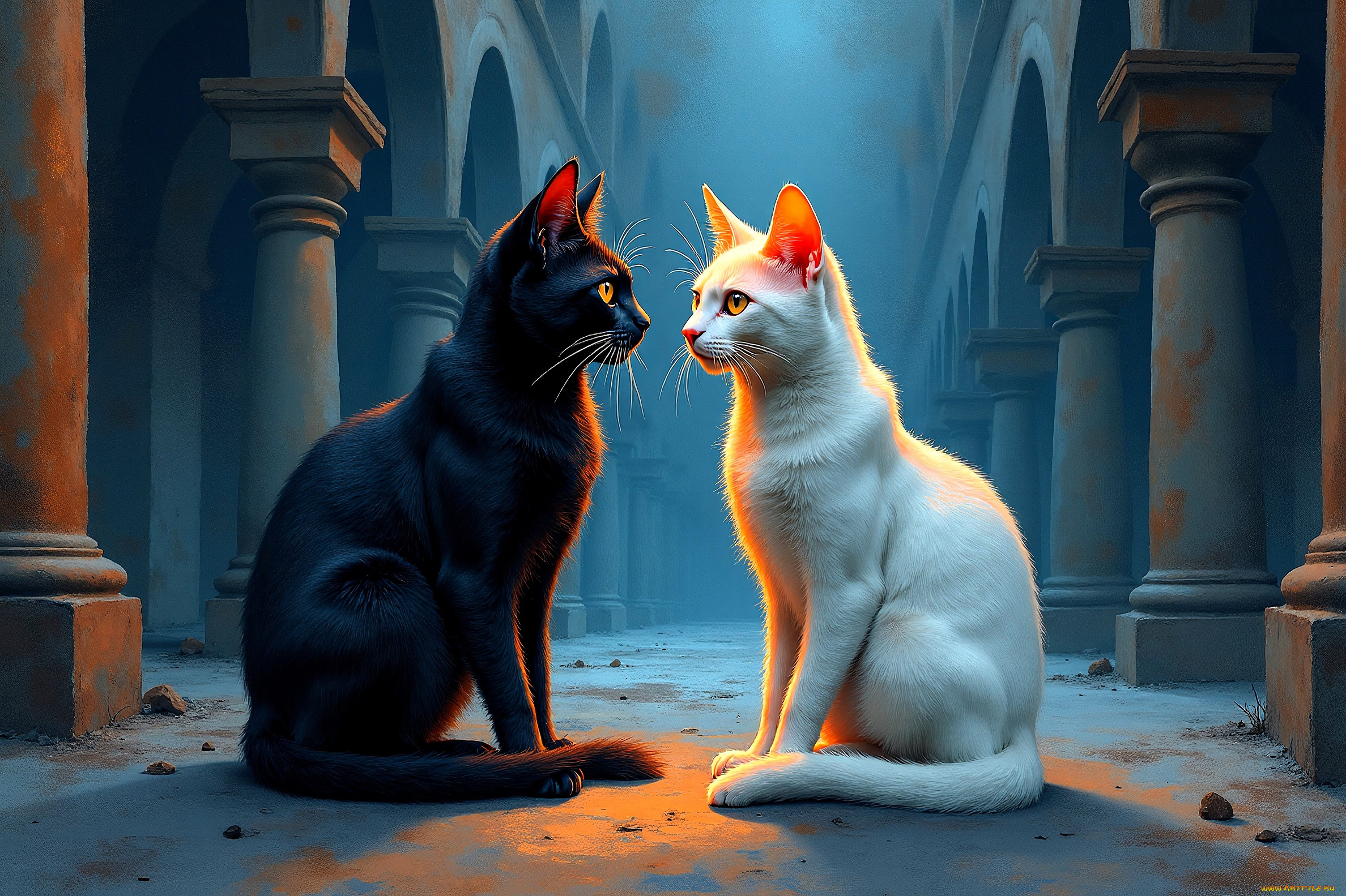 рисованное, животные, , коты, кошки, пара, колонны, храм