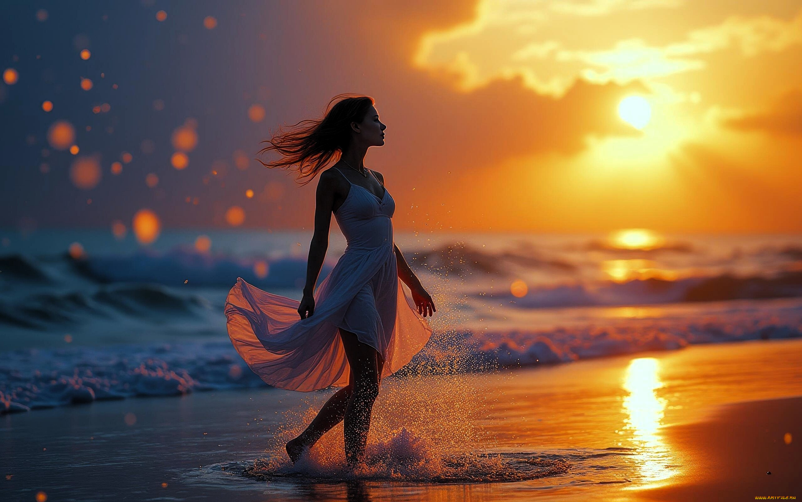 разное, компьютерный, дизайн, девушка, платье, море, закат, брызги