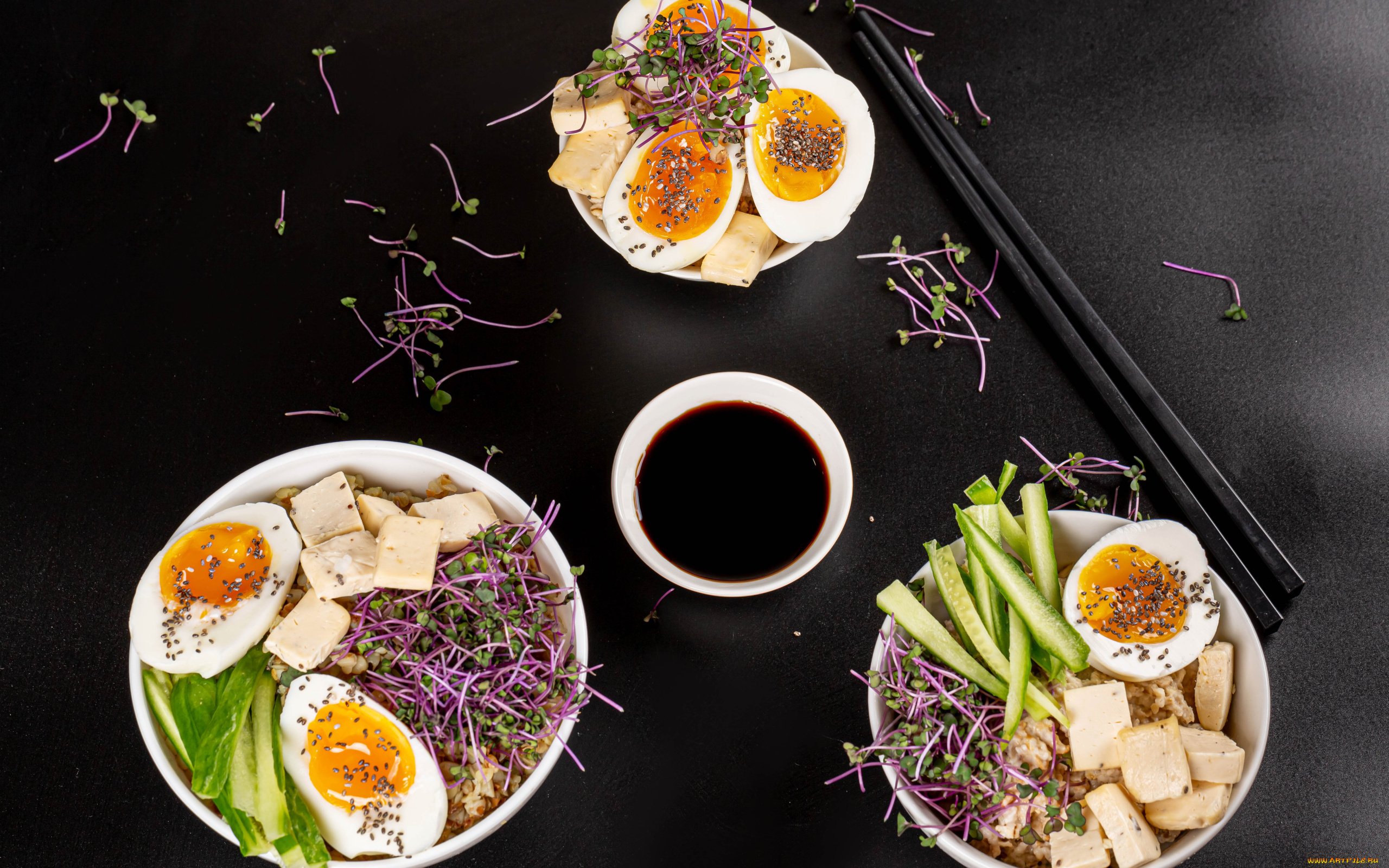 еда, яичные, блюда, проростки, тофу, яйца, вареные