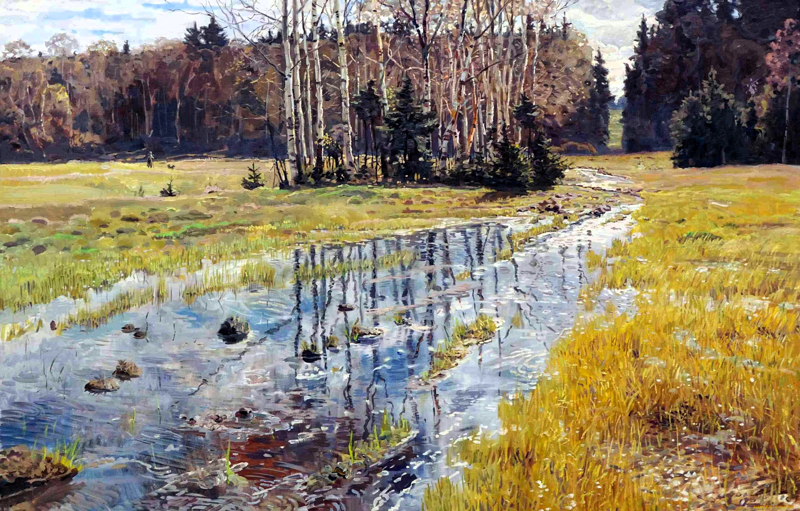 весна, рисованное, павел, рыженко, природа, лес, деревья, ручей, трава