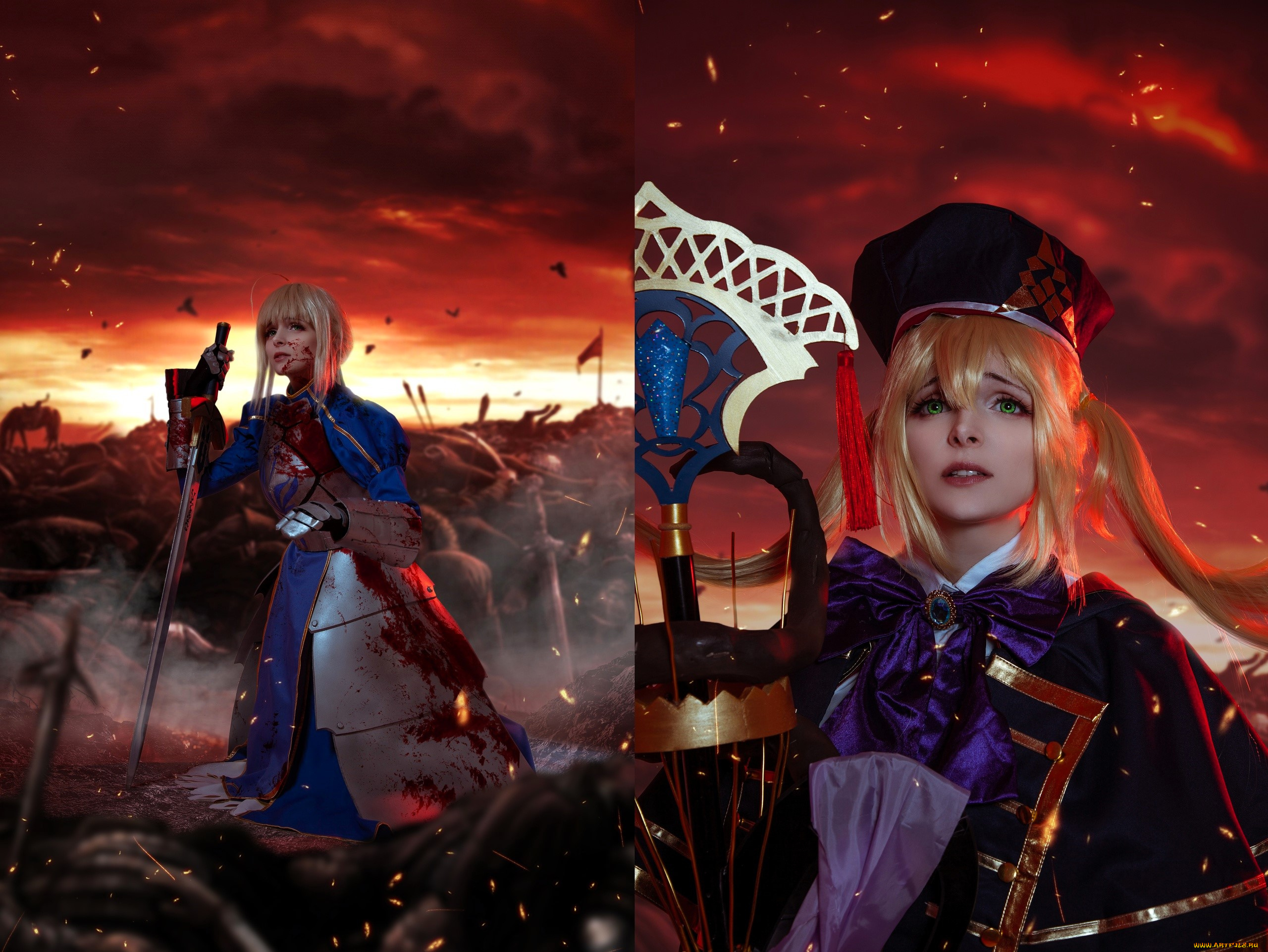 девушки, mari, aisu, образ, косплей, костюм, наряд, искры, оружие, зарево, поле, боя