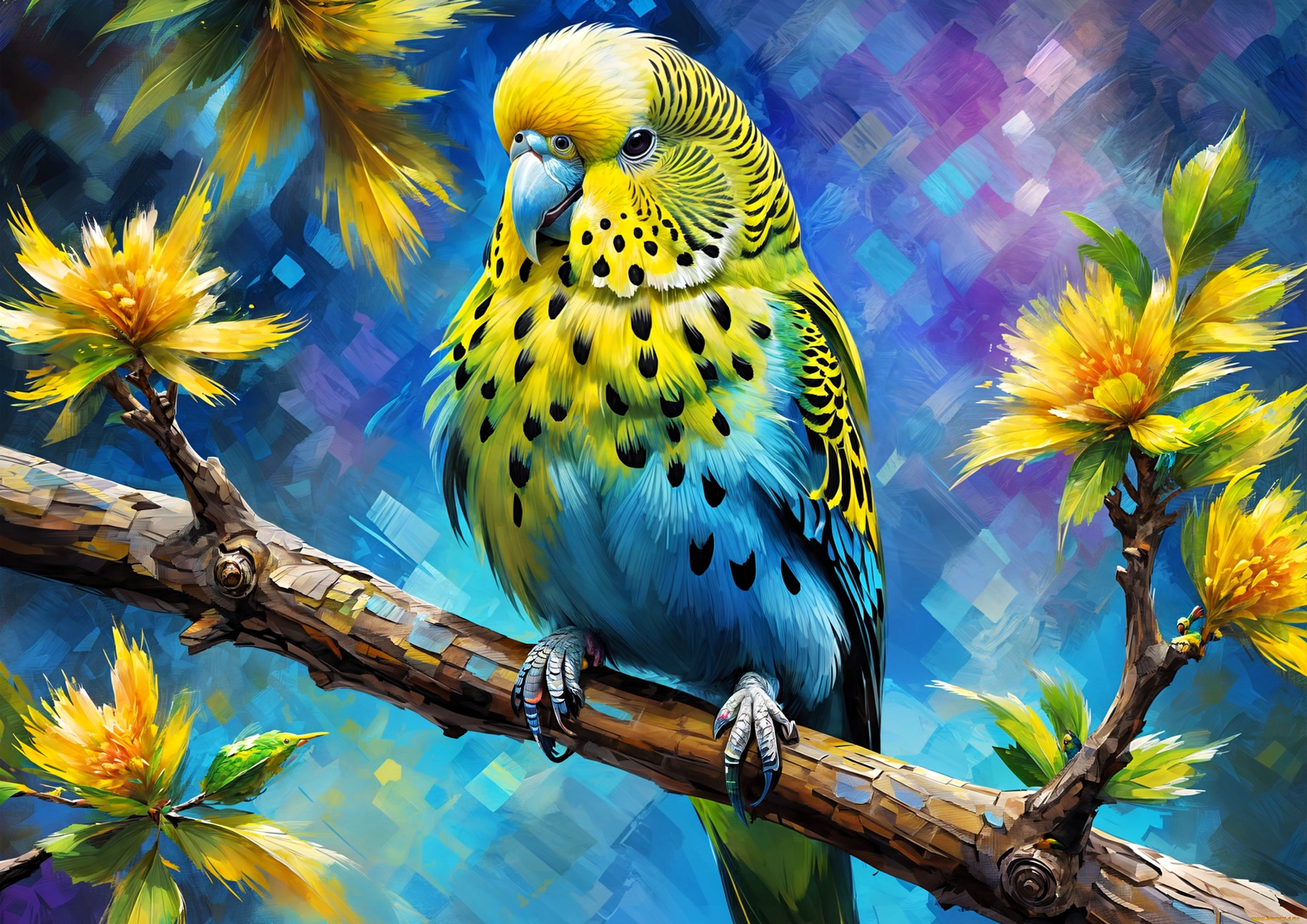 рисованное, животные, , птицы, , попугаи, попугай, волнистый, птица, ветка