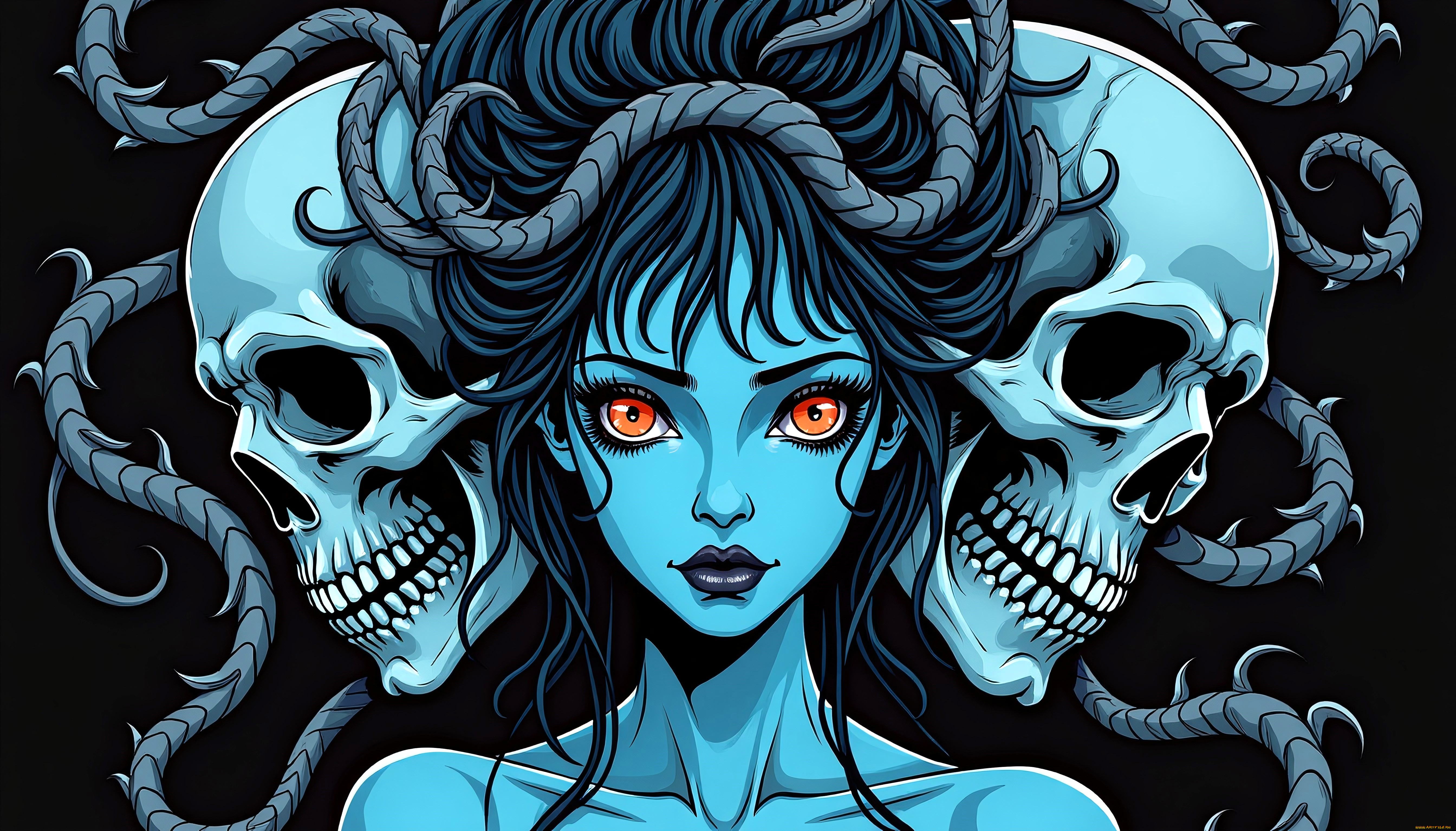 фэнтези, нежить, девушка, лицо, черепа