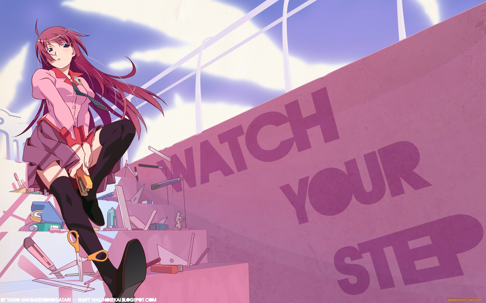 аниме, bakemonogatari, senjougahara, hitagi, девушка, форма, инструменты, степлер, ножницы, карандаш, ручка, лестница, небо, облака, ограждение, надпись