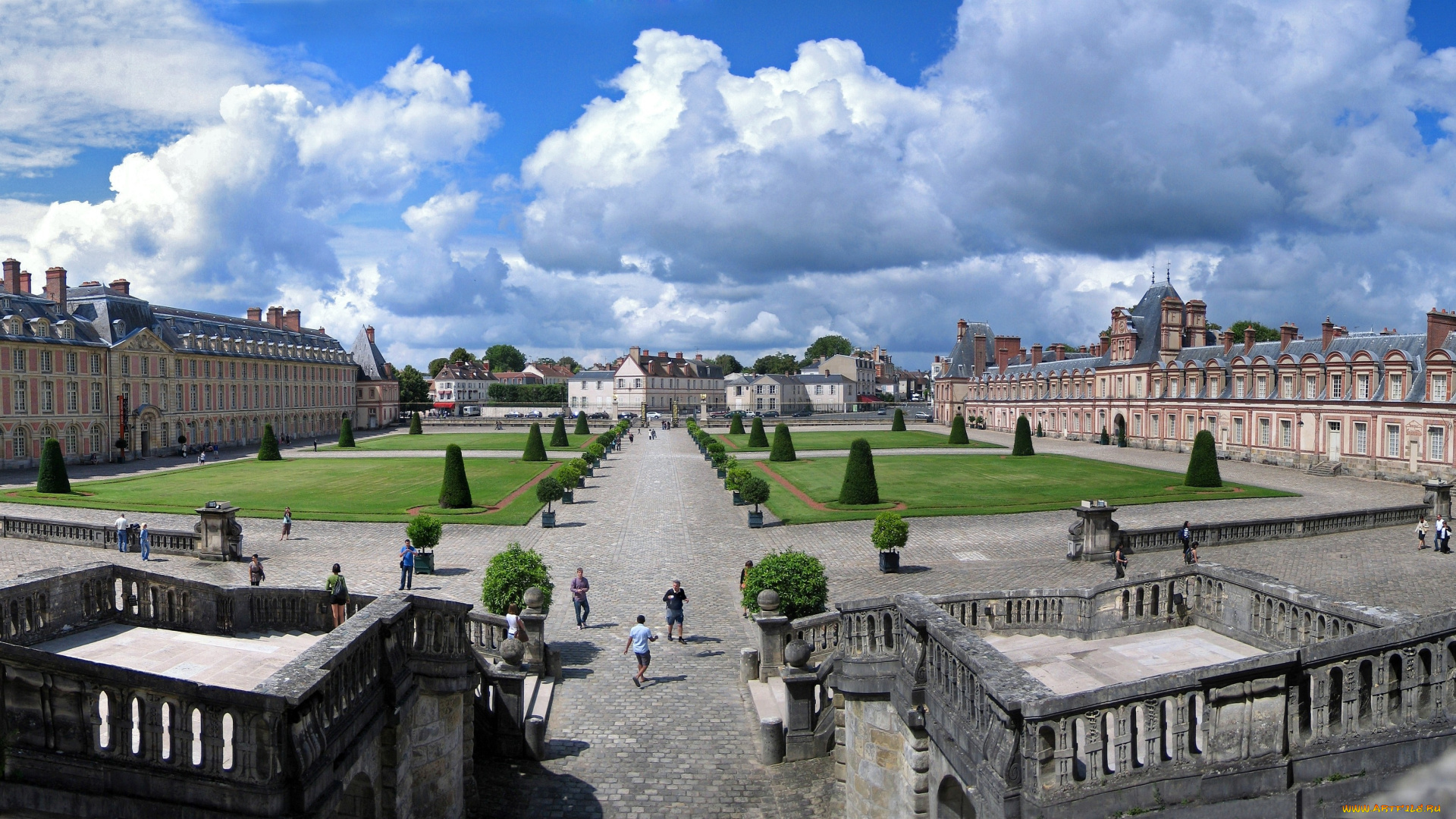 дворец, фонтенбло, франция, города, дворцы, замки, крепости, аллея, газон, здания