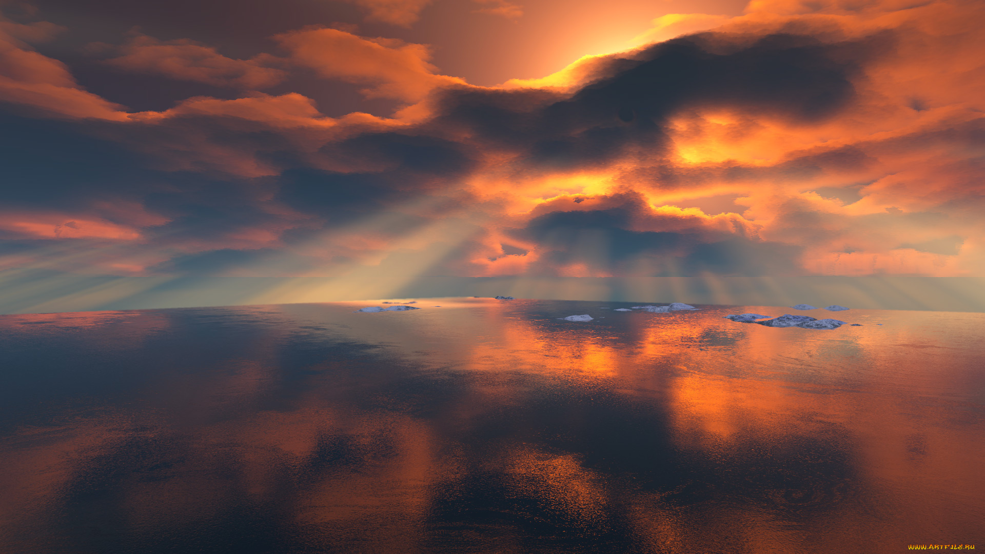 3д, графика, nature, landscape, природа, закат, вода