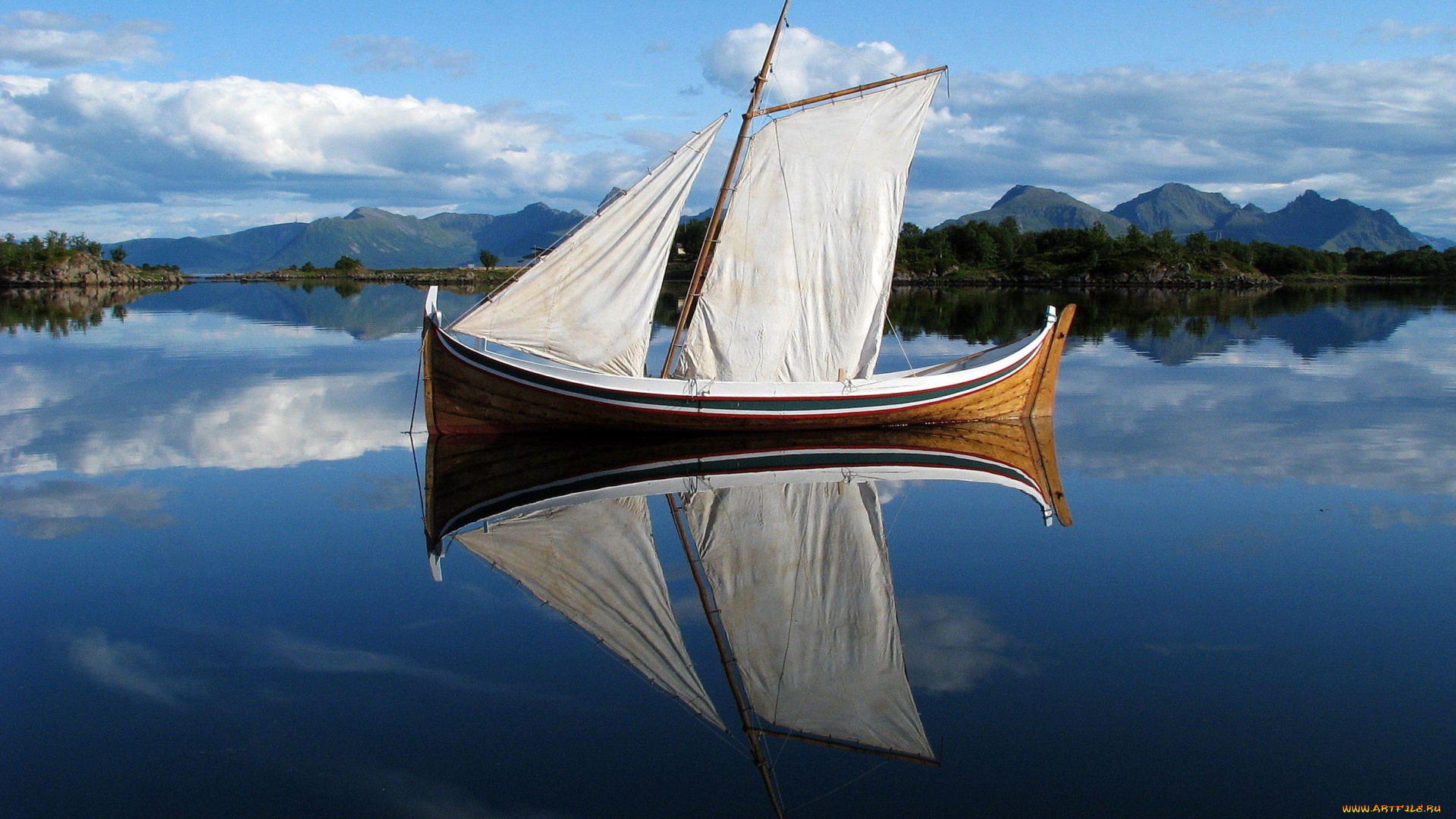 корабли, лодки, шлюпки, пейзаж, горы, отражение, озеро
