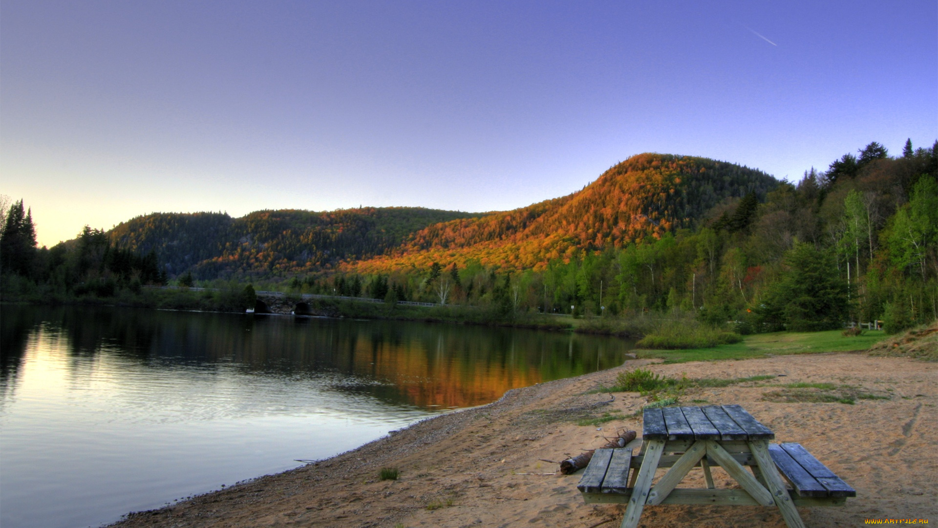 lakeside, serenity, природа, реки, озера, холмы, скамейка, озеро