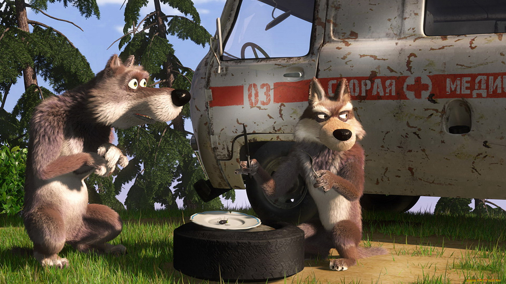 мультфильмы, маша, медведь, волки