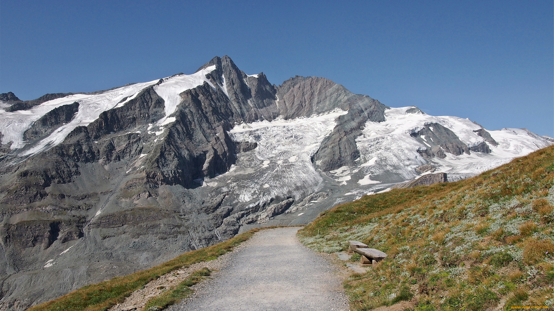 природа, дороги, дорожка, тропинка, лавочки, вершины, гряда, снег, горы