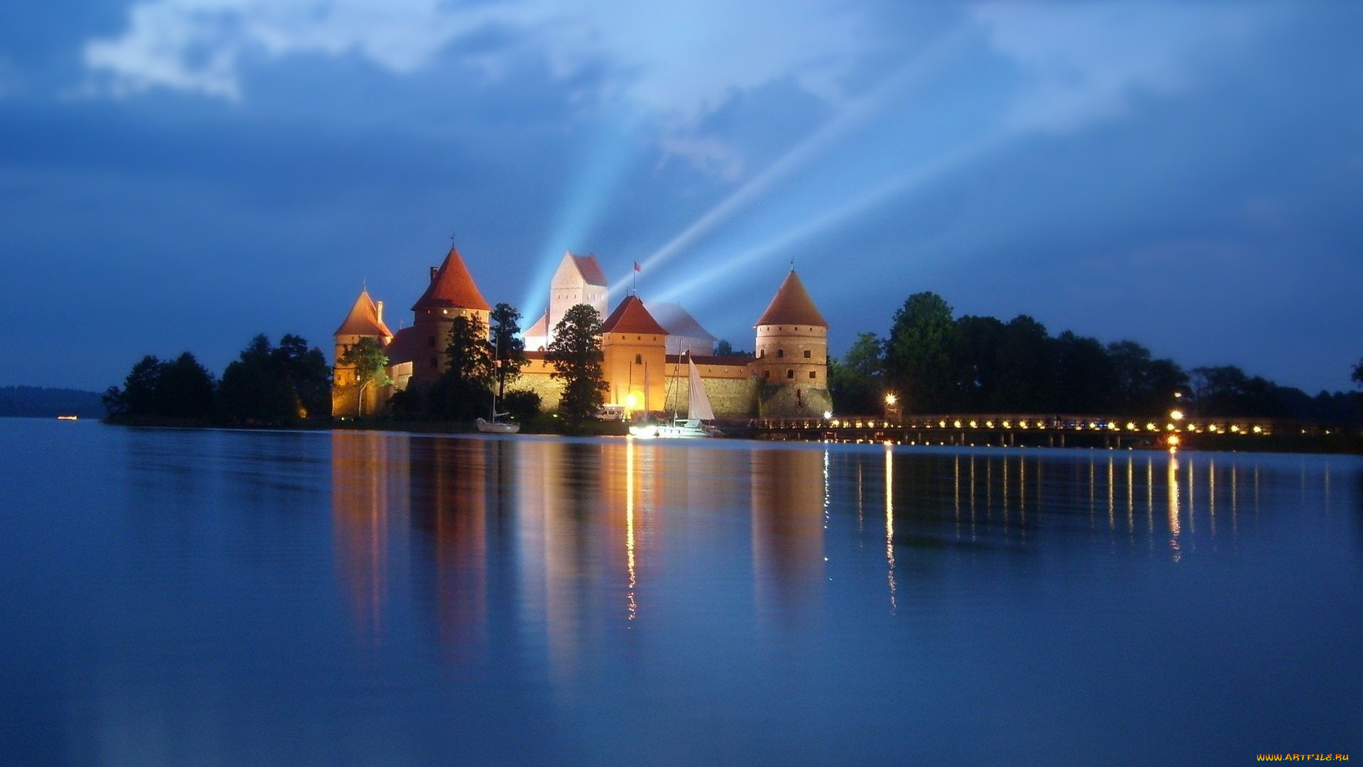 тракай, литва, города, дворцы, замки, крепости, вода, замок, сумерки