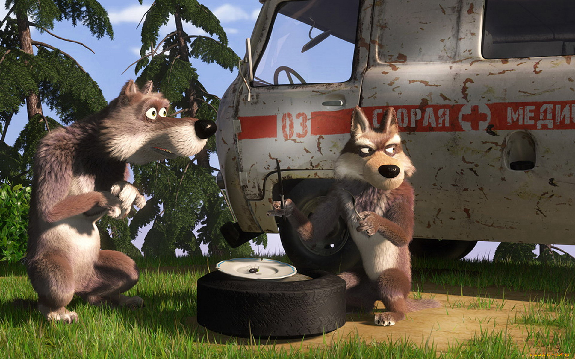 мультфильмы, маша, медведь, волки