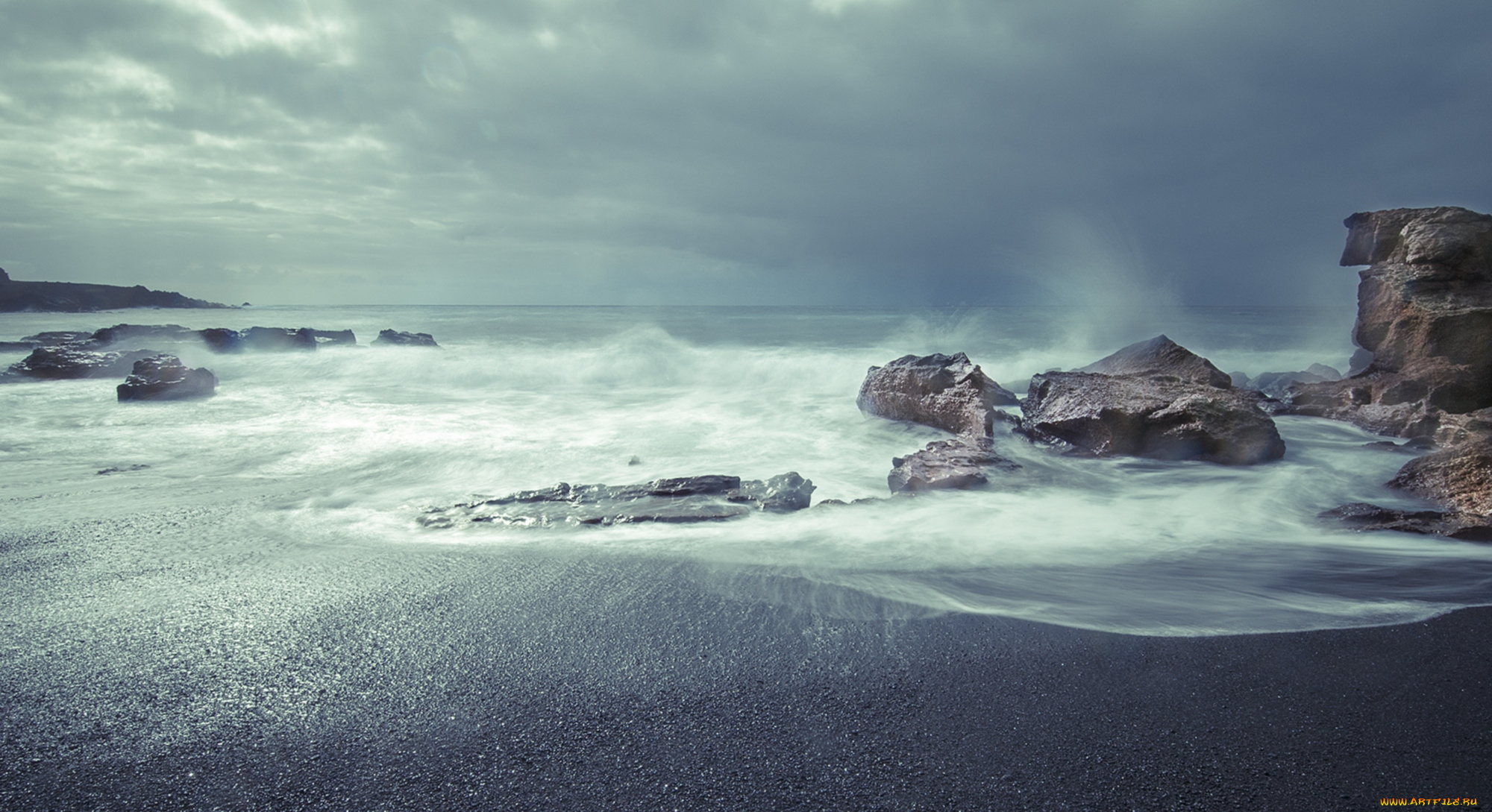 природа, побережье, волны, брызги, камни