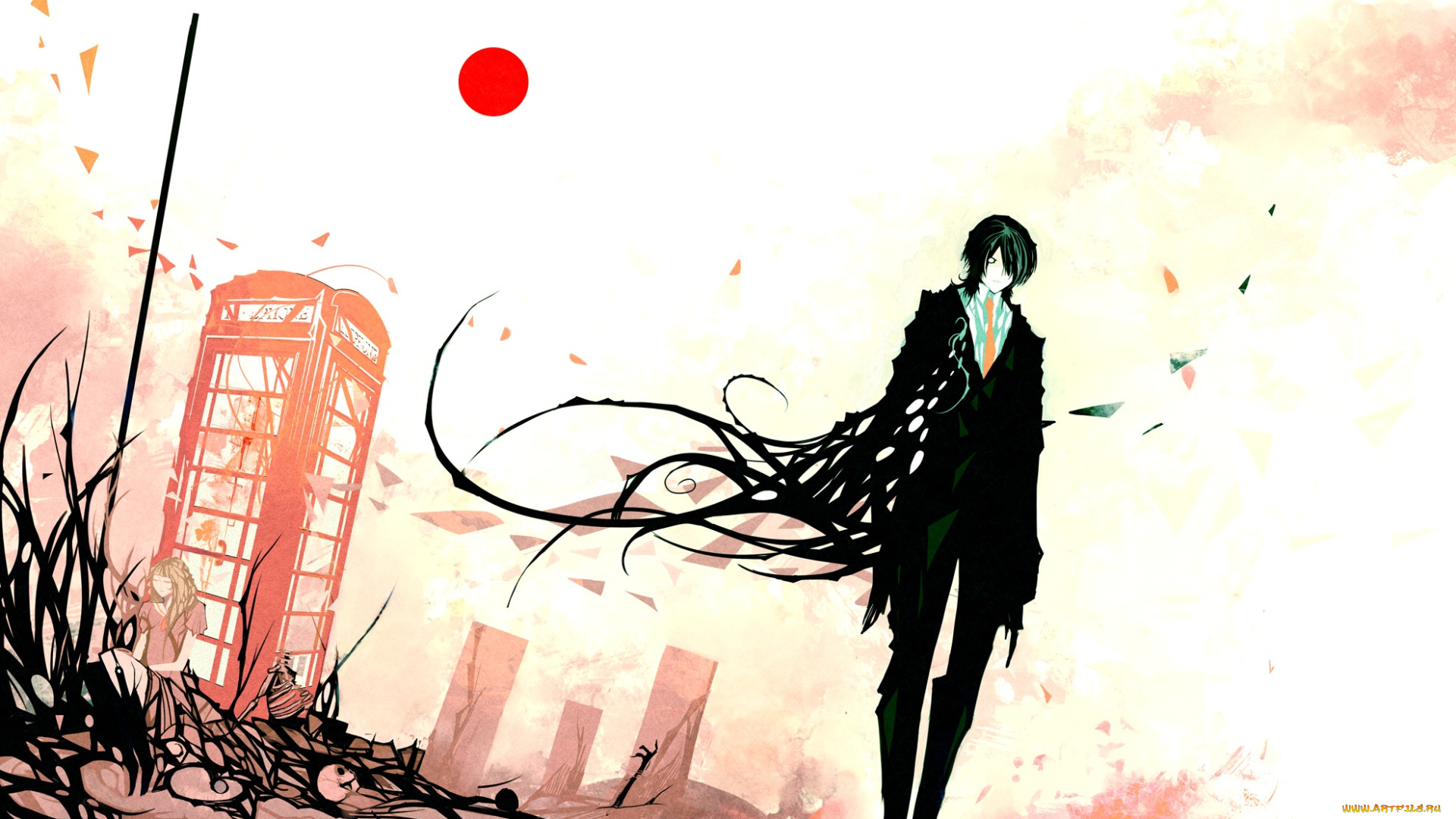 аниме, -angels, &, demons, тьма, смерть, девушка, парень, телефонная, будка, солнце
