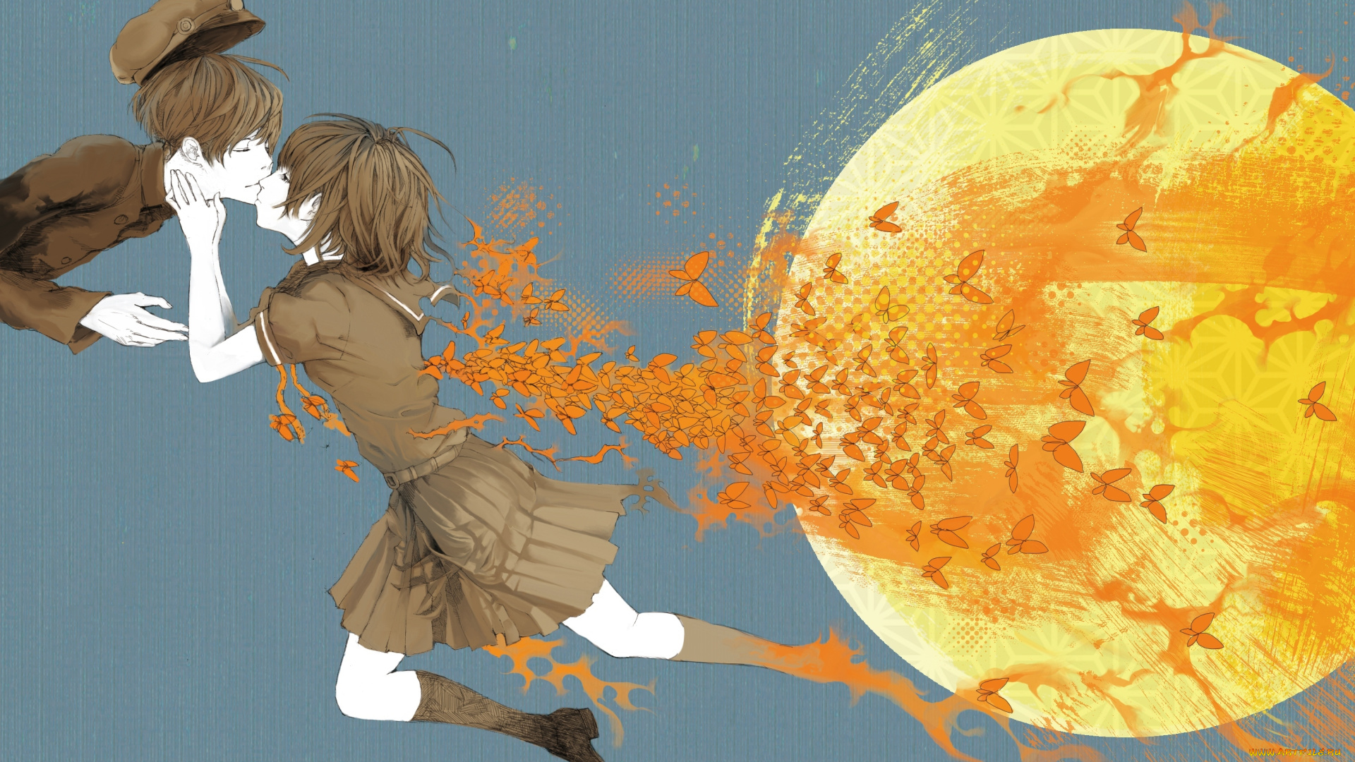 аниме, -halloween, &, magic, школьники, поцелуй, девушка, бабочки, форма, парень, yellowhlnch, otimusyairoha, арт