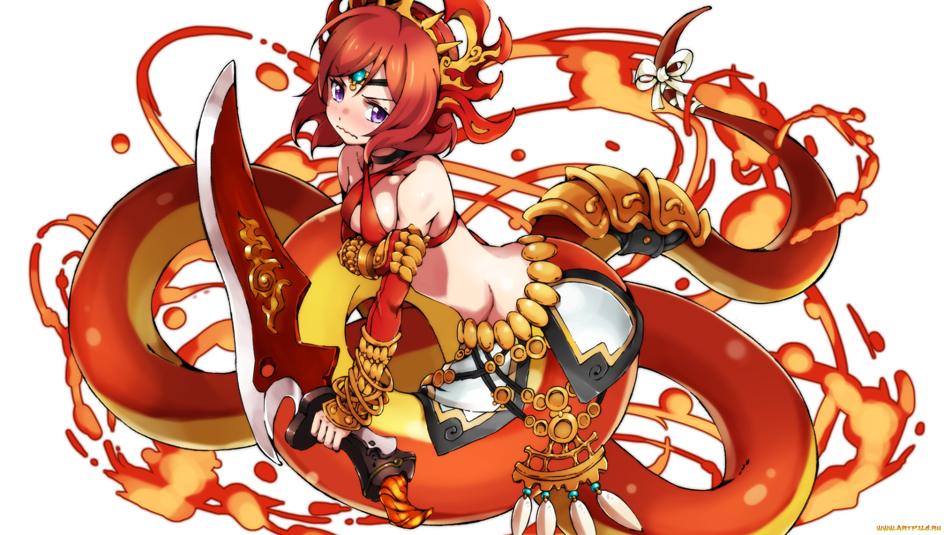 аниме, -weapon, , blood, &, technology, арт, девушка, белый, фон, украшение, оружие, меч, змея