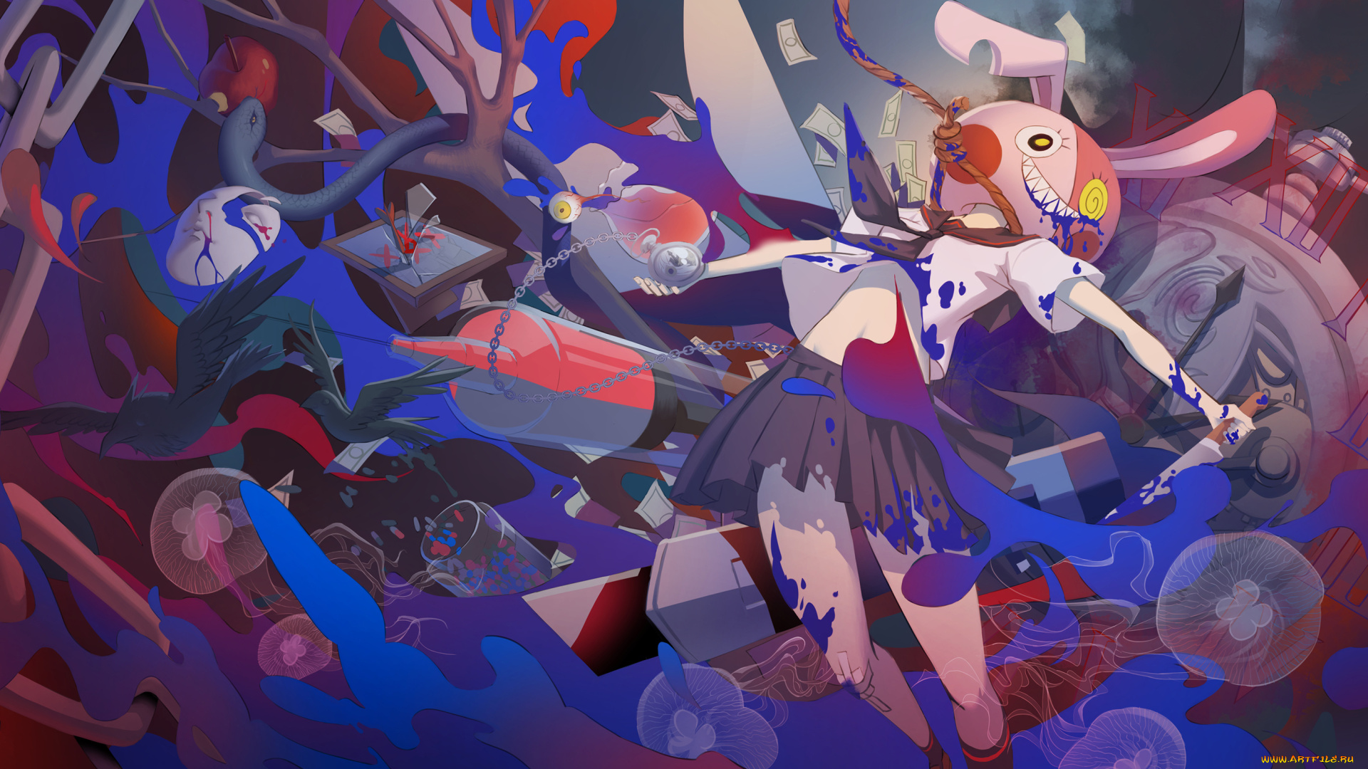 аниме, -weapon, , blood, &, technology, птицы, медузы, маска, арт, нож, верёвка, часы, вороны, девушка, цепь