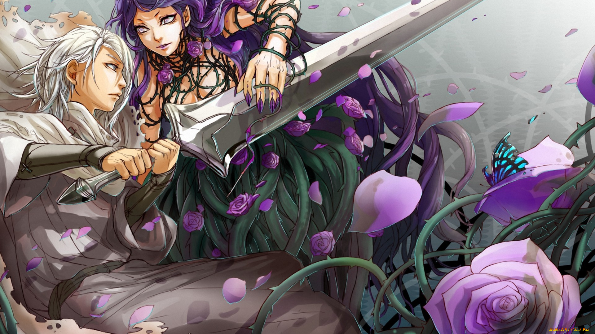 аниме, -weapon, , blood, &, technology, розы, лианы, меч, парень, цветы, когти, шипы, девушка, арт, бабочка