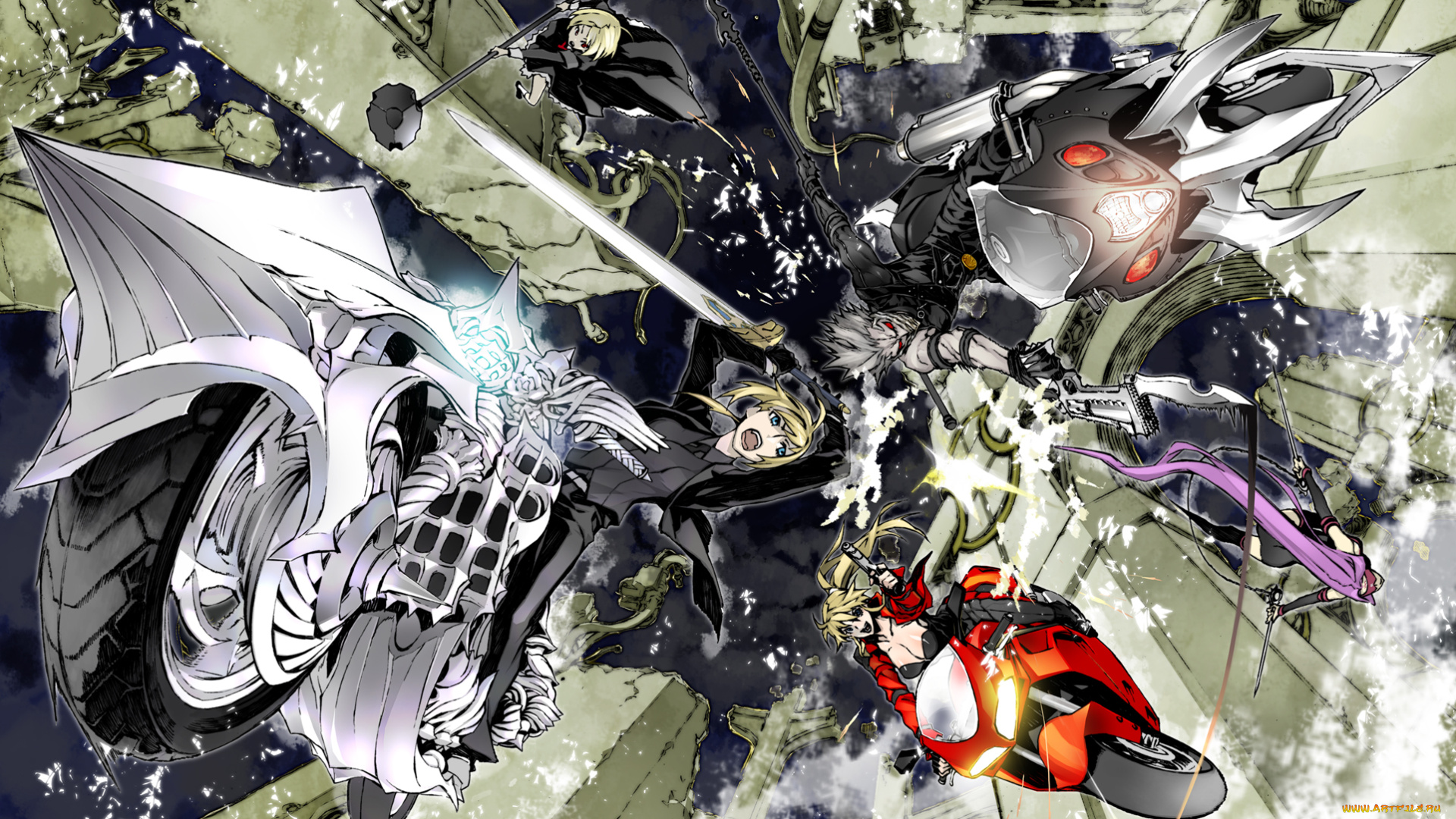 аниме, -weapon, , blood, &, technology, руины, здания, мотоцикл, меч, пистолет, копье, булава, клинки, сражение, падение, девушки, мужчина