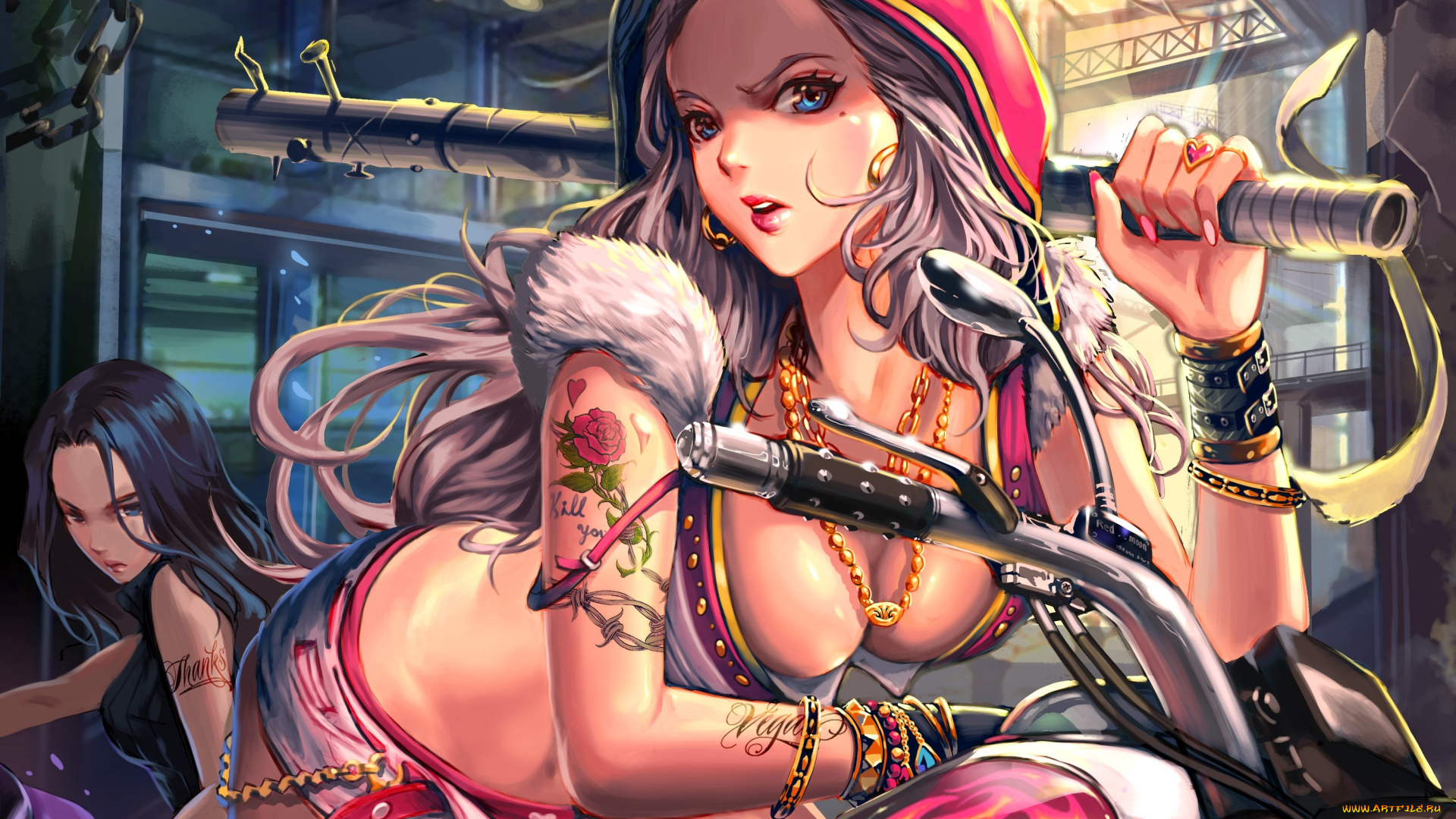 аниме, -weapon, , blood, &, technology, злость, взгляд, девушки, art, redmoon, оружие, бита, мотоцикл, грудь