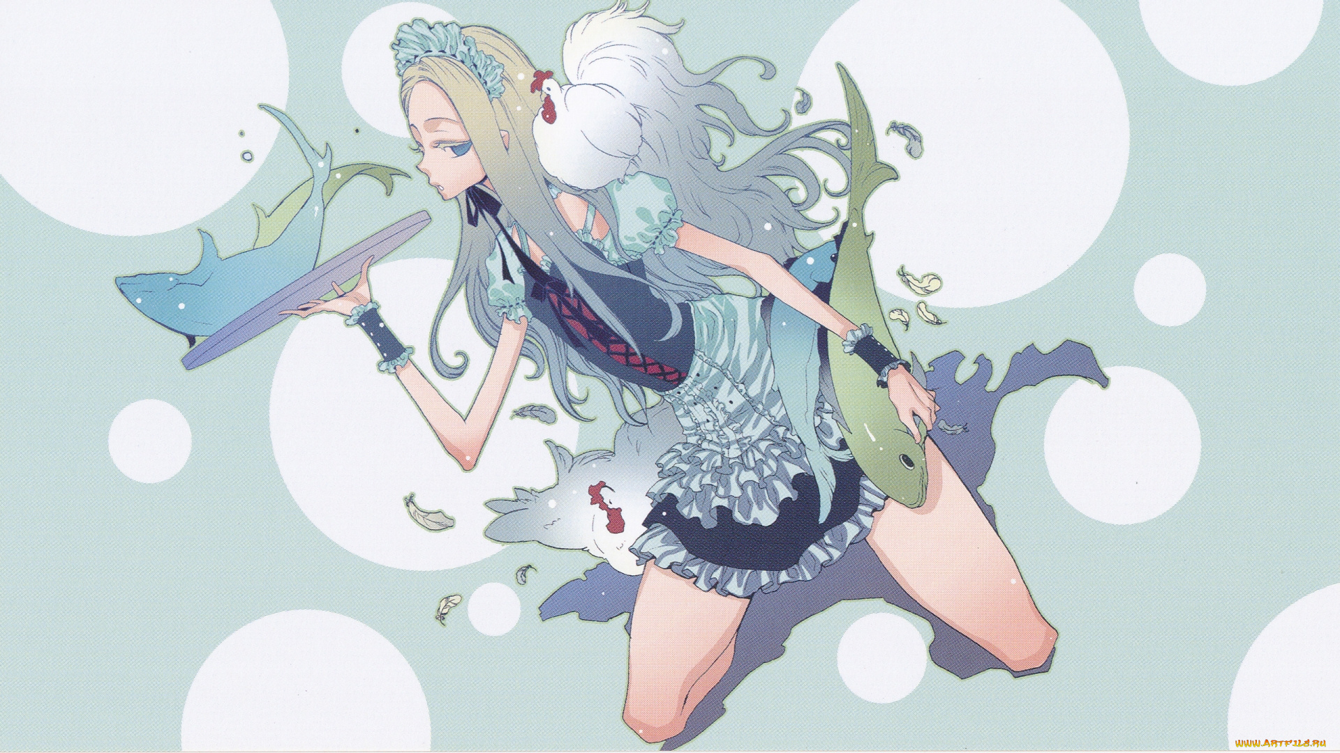 аниме, arakawa, under, the, bridge, костюм, платье, курица, рыба, nino, девушка, поднос, официантка