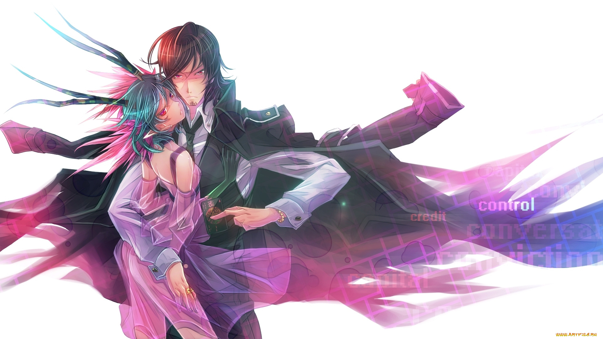 аниме, c, –, control, плащ, демон, карта, объятие, мужчина, девушка, рога, mikuni, souichirou, q