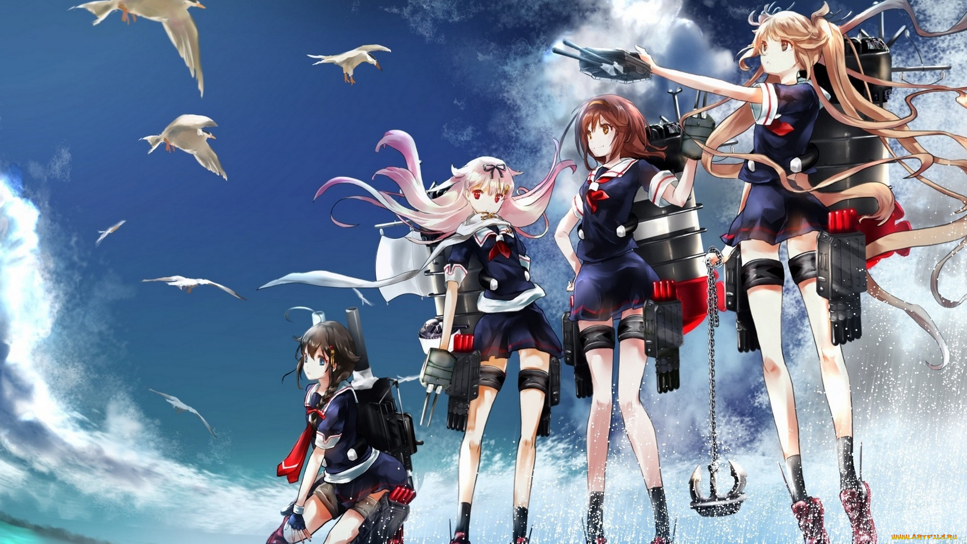 аниме, kantai, collection, птицы, оружие, небо, девушки, shigure, murasame, yuudachi, kantai, collection, tenle, shiratsuyu, облака, renon, арт