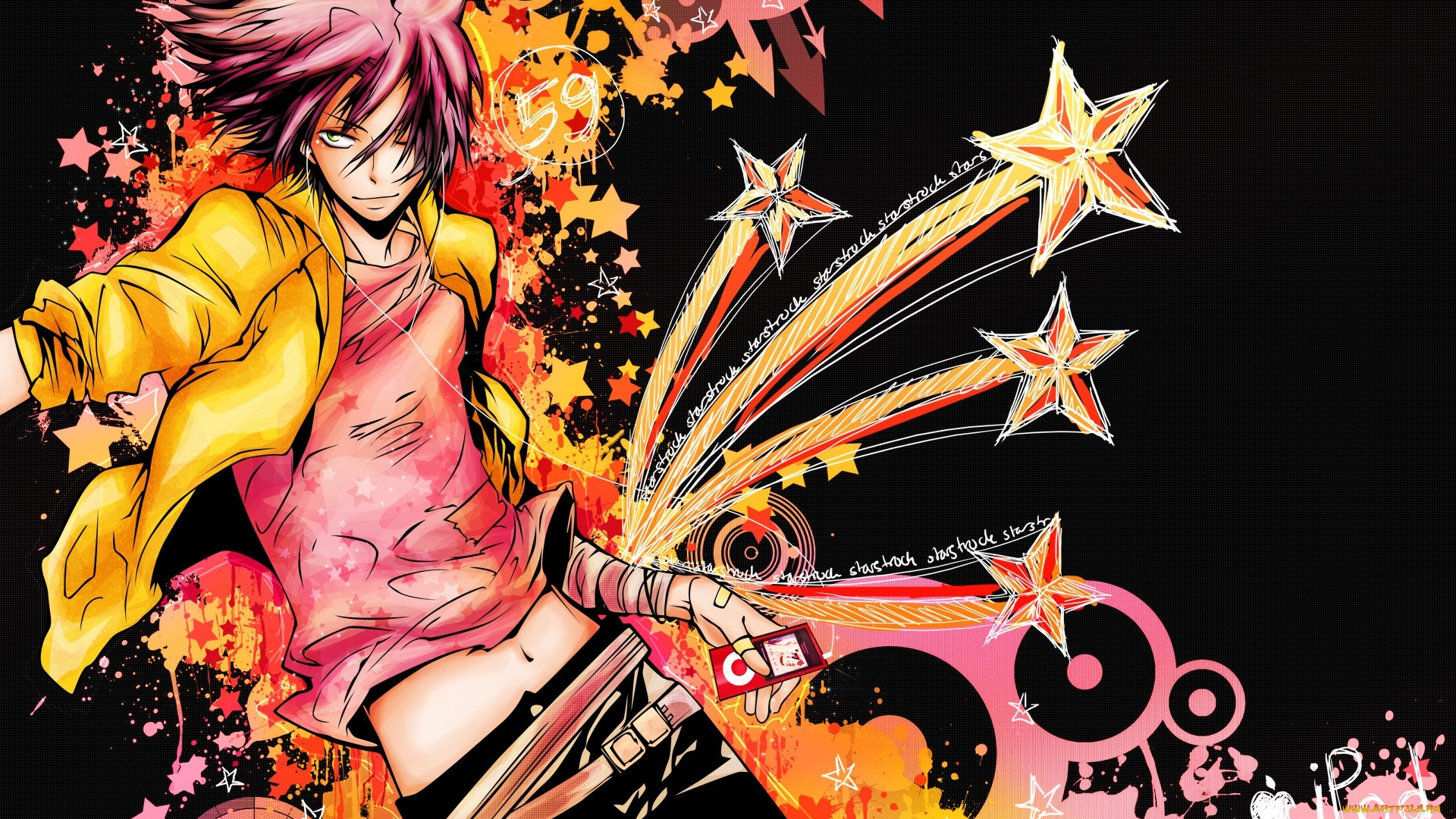 аниме, katekyo, hitman, reborn, штаны, футболка, рубашка, ремень, наушники, звезды, плеер, парень, gokudera, hayato