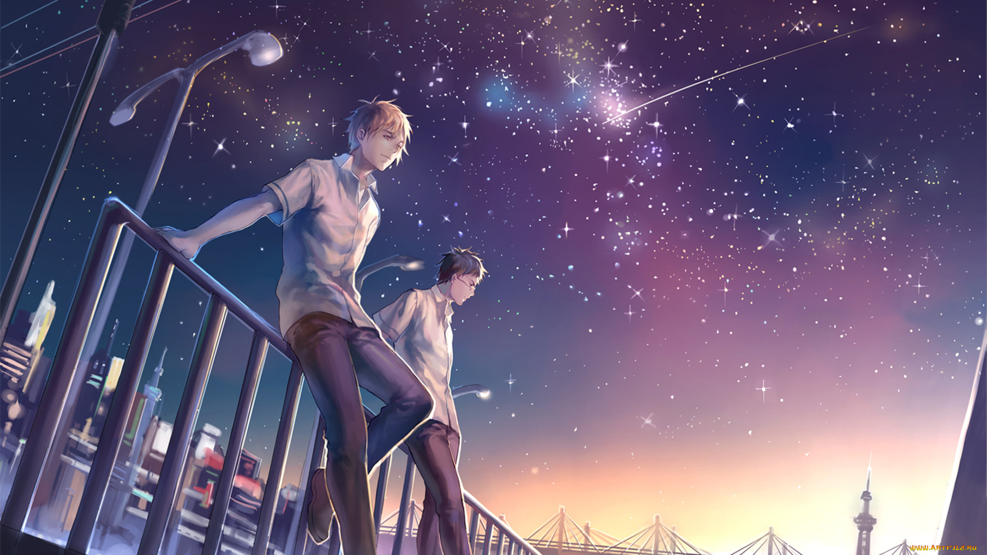 аниме, kuroko, no, baske, kuroko, no, basket, seirin, high, kiyoshi, teppei, hyuuga, junpei, парни, ночь, звезды, город, фонари, падающая, звезда