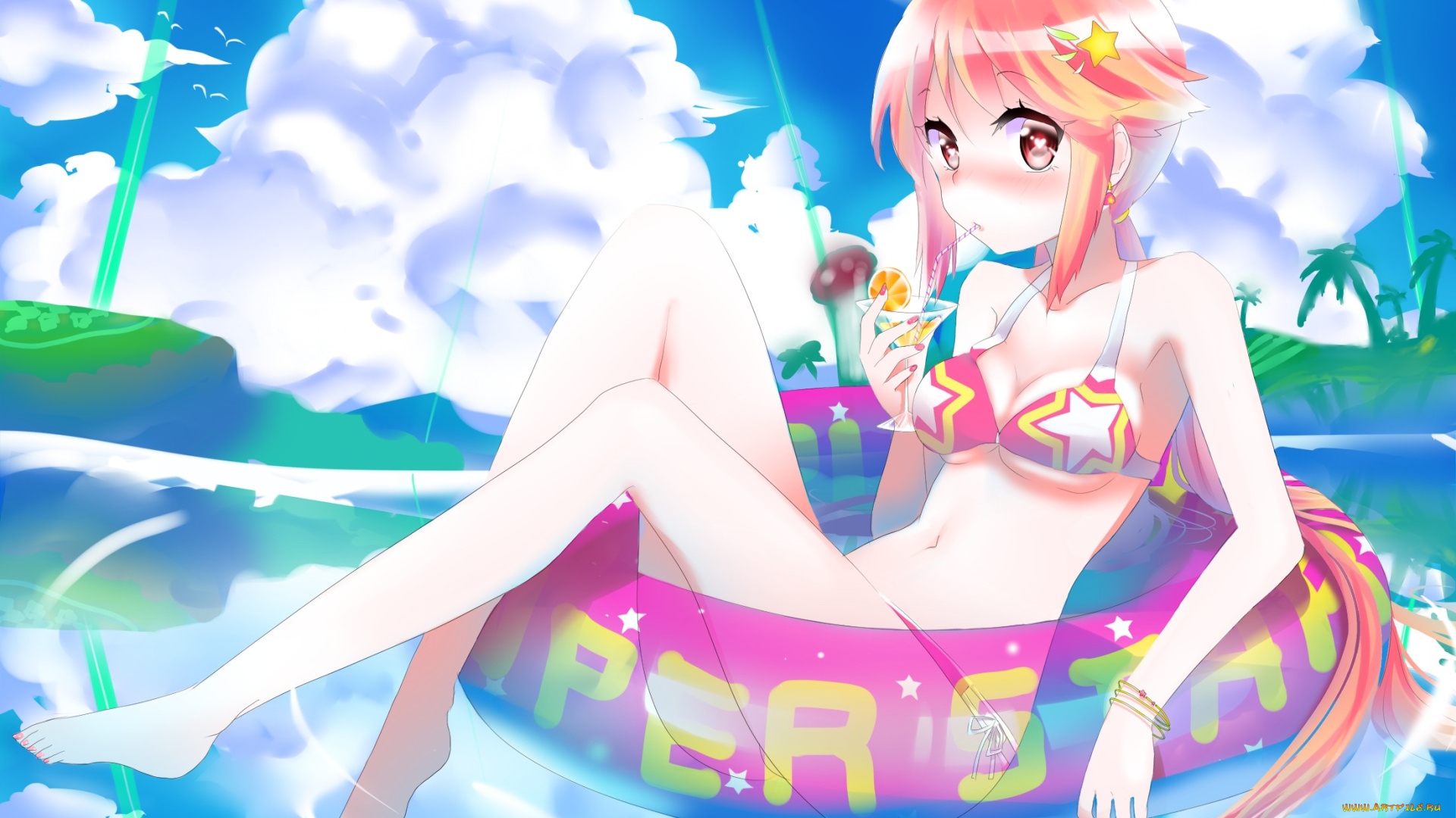 аниме, pangya, море, напиток, девушка, daefny, грудь, art, бикини, удивление, взгляд, lucia