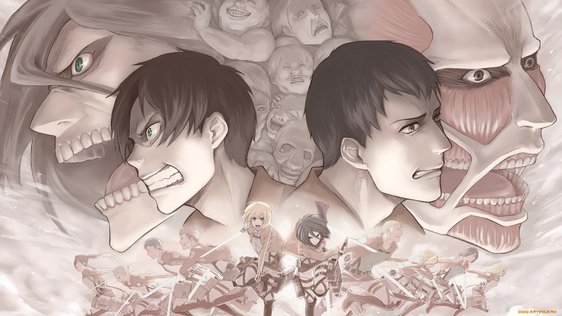 аниме, shingeki, no, kyojin, арт, персонажи, солдаты, оружие, атака, титанов, вторжение, гигантов