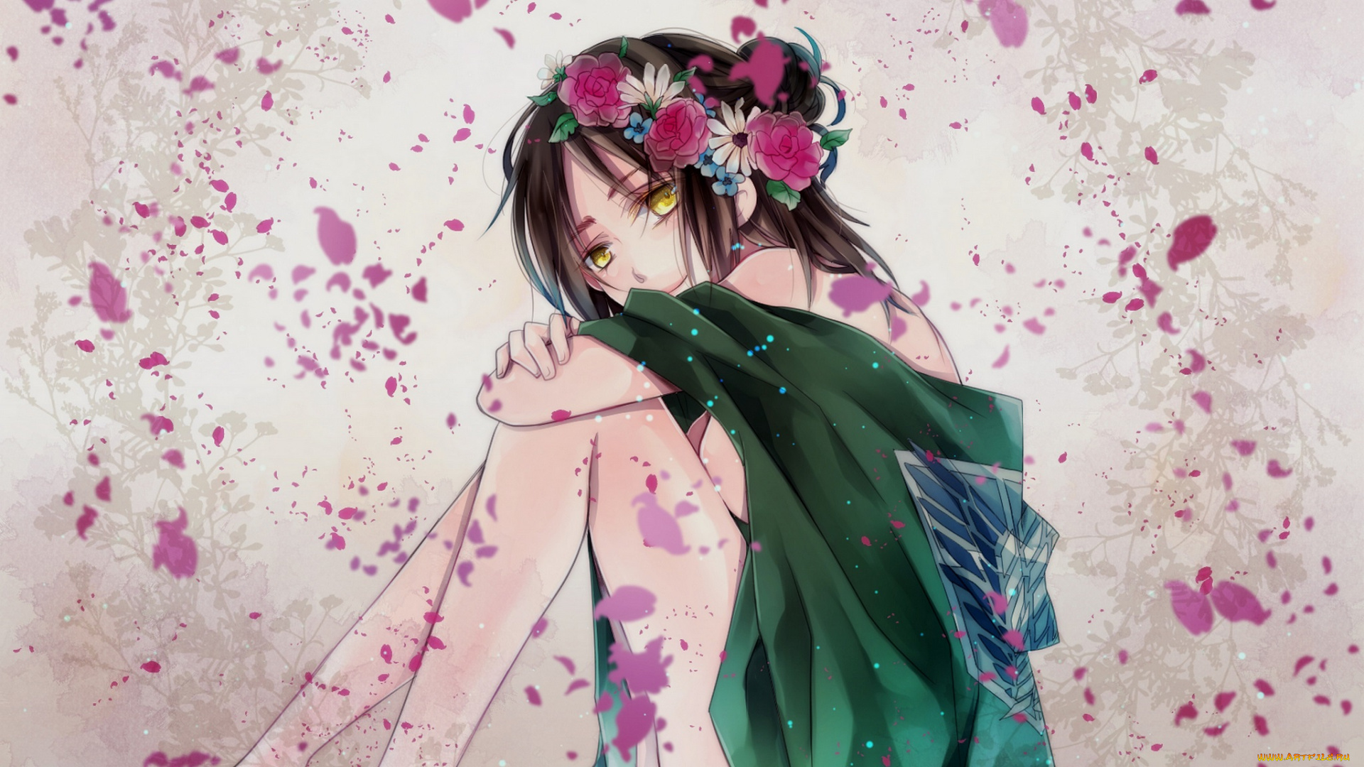 аниме, shingeki, no, kyojin, лепестки, девушка, арт