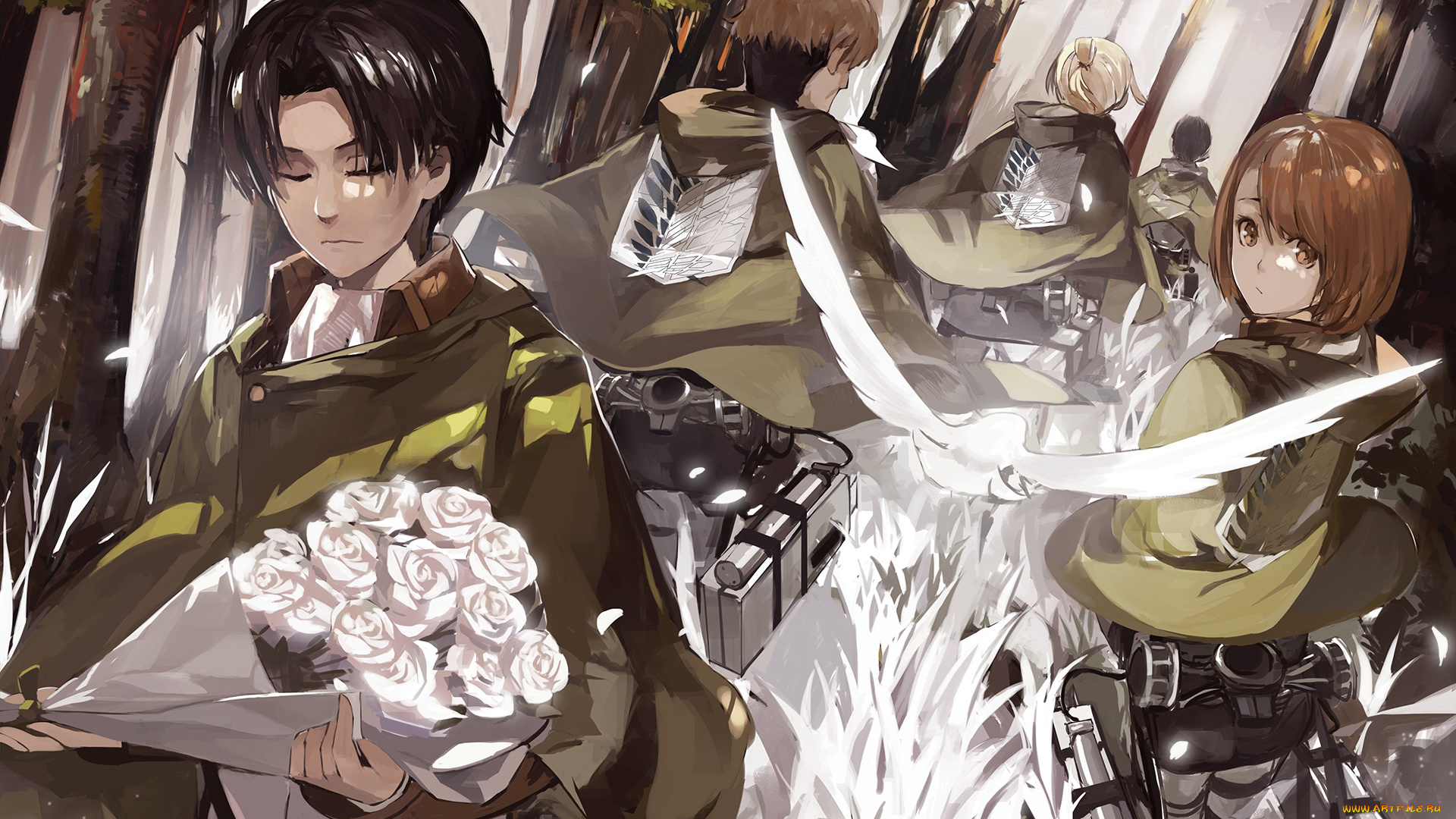 аниме, shingeki, no, kyojin, petra, ral, levi, атака, титанов, арт, персонажи, парень, rivaille, капрал, букет