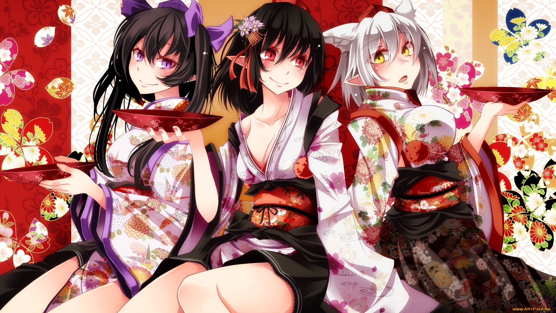 аниме, touhou, арт, кимоно, девушки, тоухоу