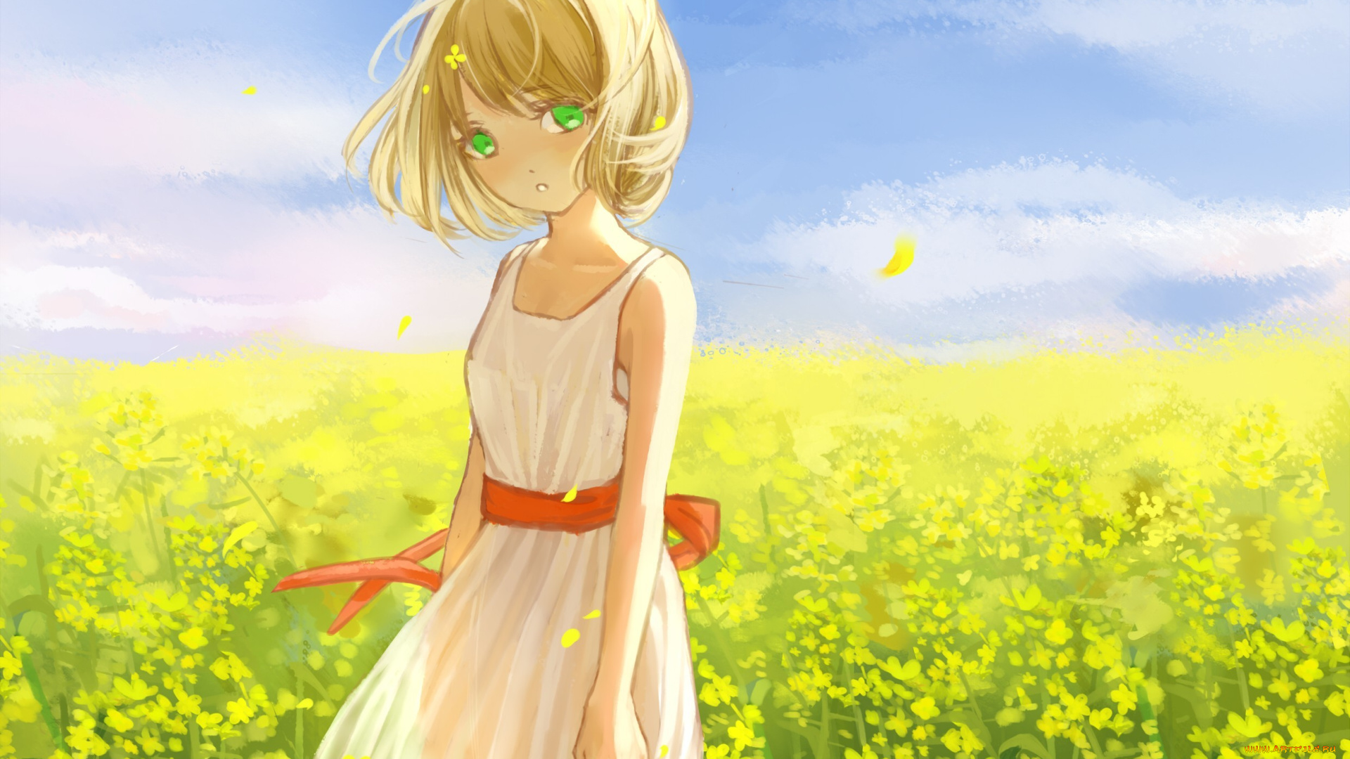 аниме, *unknown, , другое, арт, цветы, желтые, платье, поле, девочка, clouble
