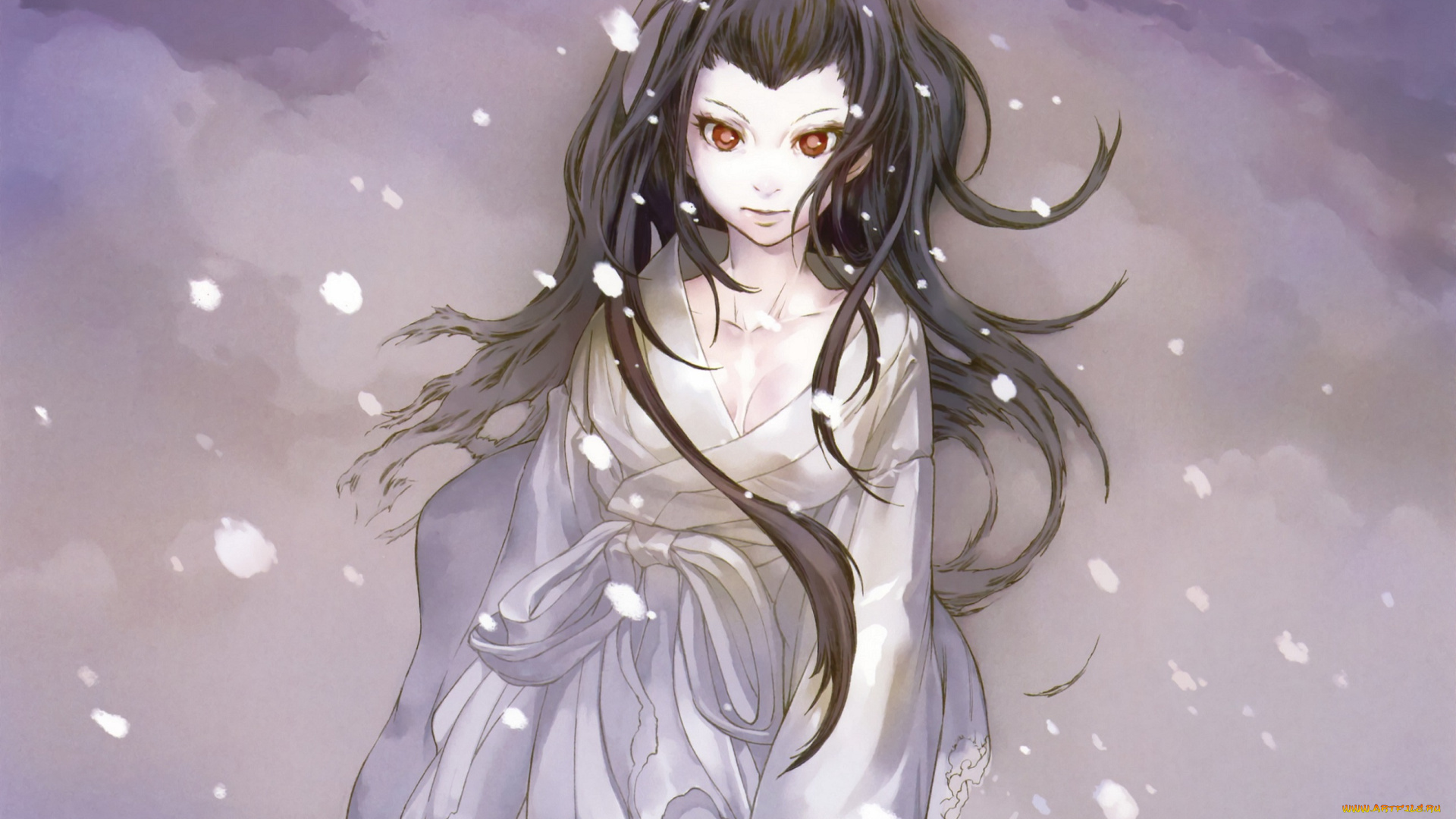 аниме, *unknown, , другое, арт, okazaki, takeshi, девушка, лицо, глаза, снег, зима