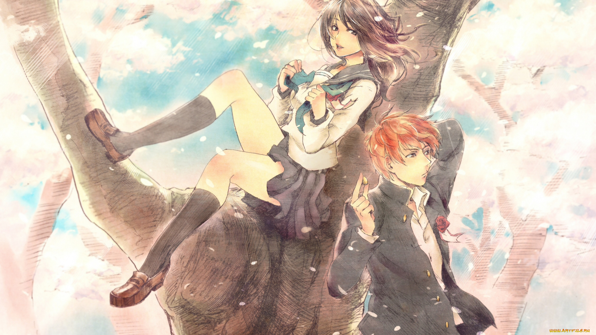 аниме, *unknown, , другое, арт, tamachi, kuwa, девушка, парень, дерево, сакура, школьники, форма, лепестки, двое