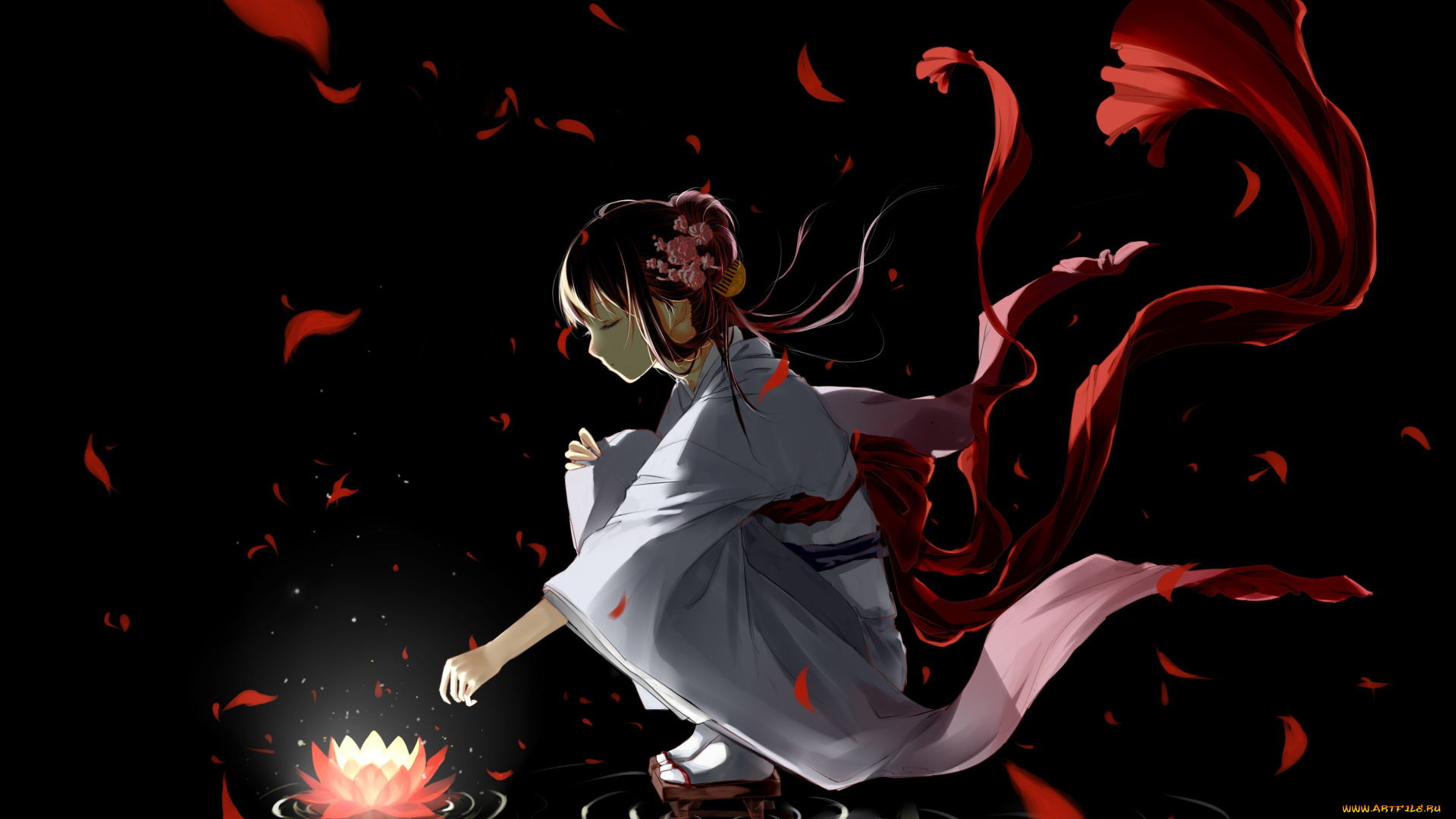 аниме, *unknown, , другое, clouble, темный, фон, красные, лепестки, арт, вода, лотос, девушка