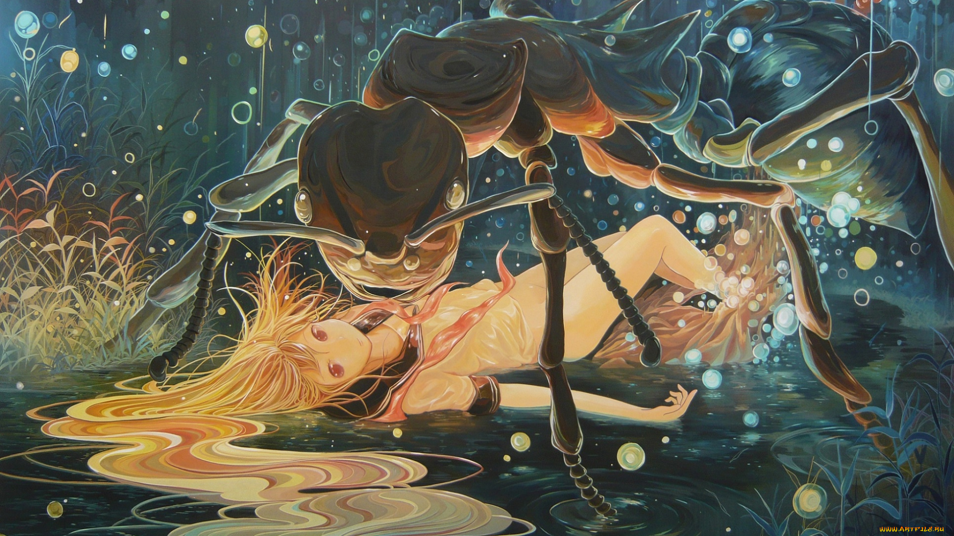 аниме, *unknown, , другое, длинноволосая, девушка, трава, испуг, муравей, seifuku, ночь, монстр, вода