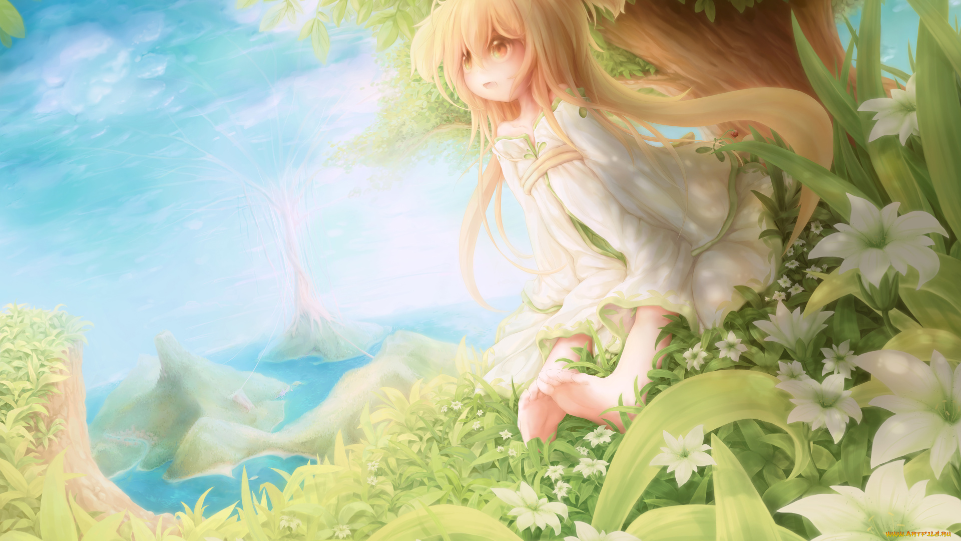 аниме, *unknown, , другое, горы, вода, природа, цветы, небо, арт, растения, девочка, зелень