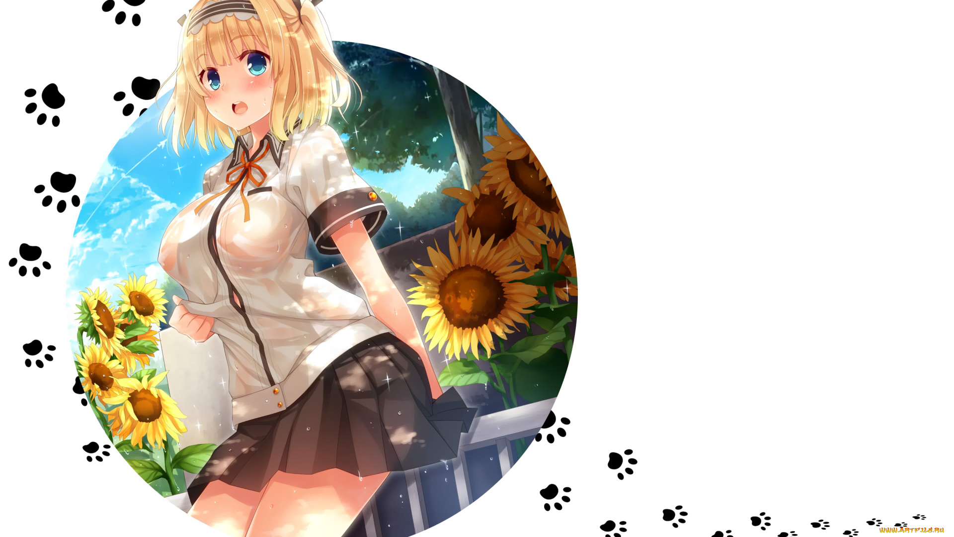 аниме, *unknown, , другое, круг, белый, фон, арт, подсолнухи, мокрая, блондинка, девушка