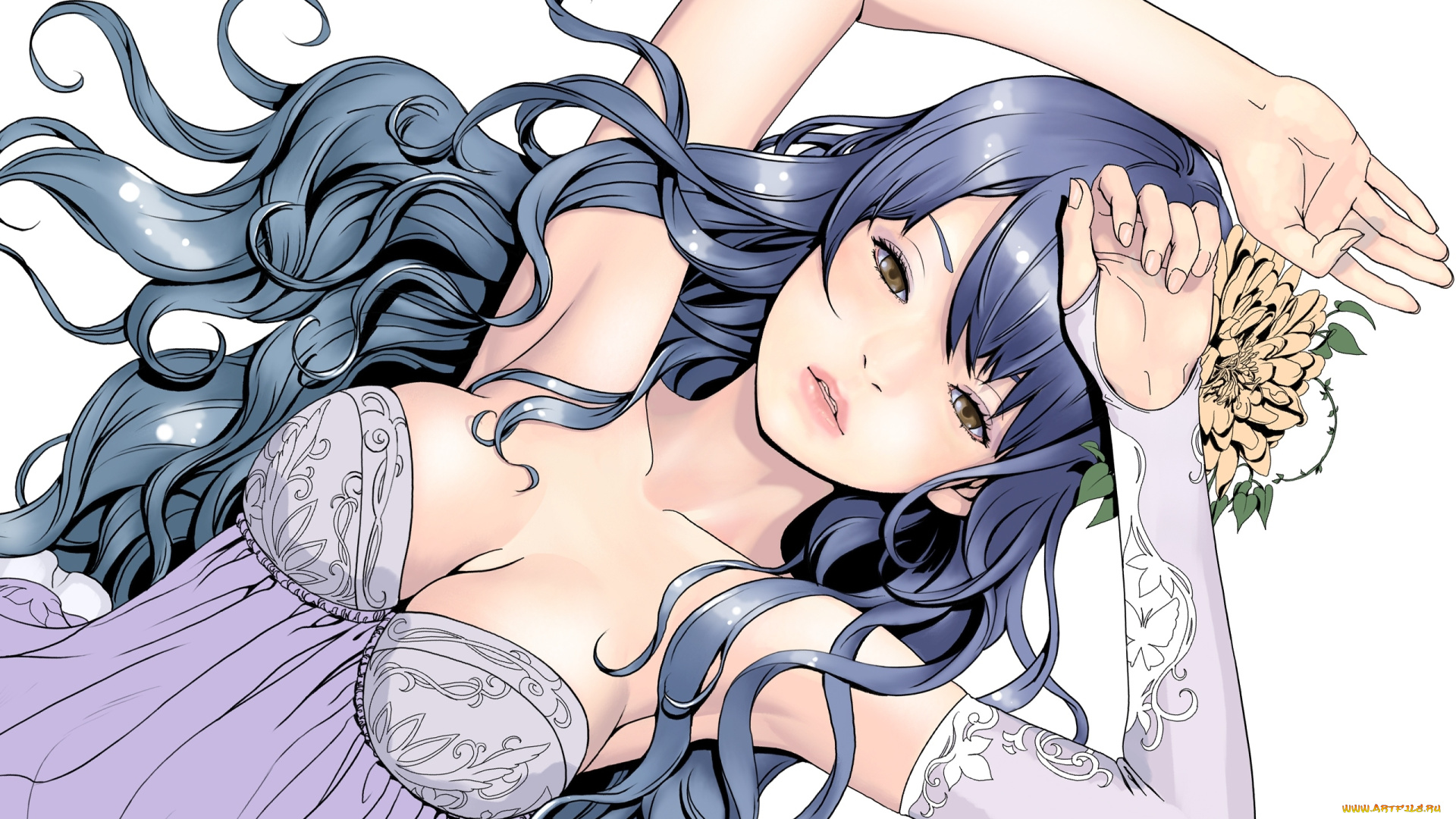 аниме, *unknown, , другое, пеньюар, девушка, цветы, волосы, белый, фон