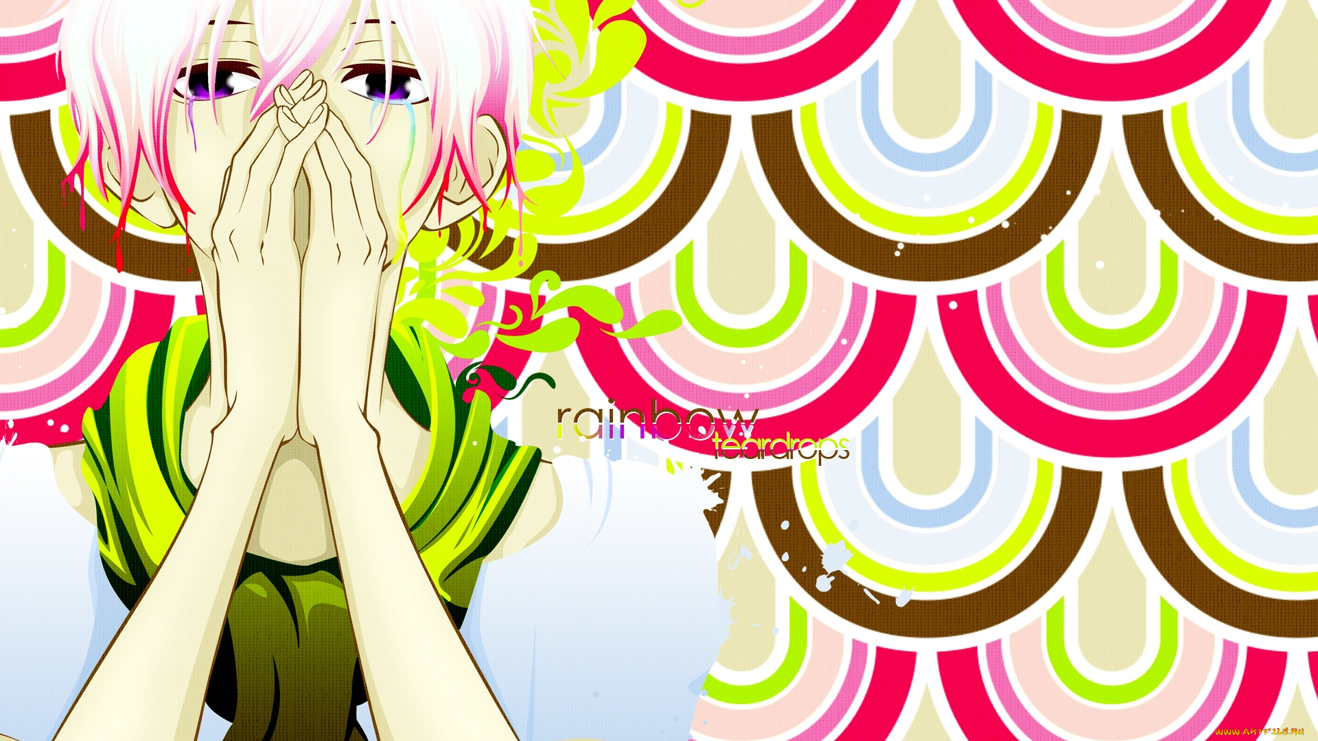 аниме, *unknown, , другое, шарф, слезы, узор, волосы, футболка, руки, капли, краски, парень