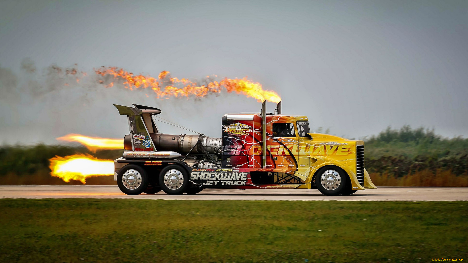 автомобили, peterbilt, пламя, двигатель, грузовик, шоссе