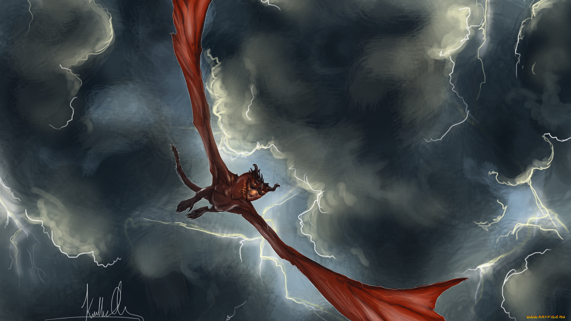 фэнтези, драконы, фантастика, красный, дракон, арт, тучи, небо, крылья, полет, пасть